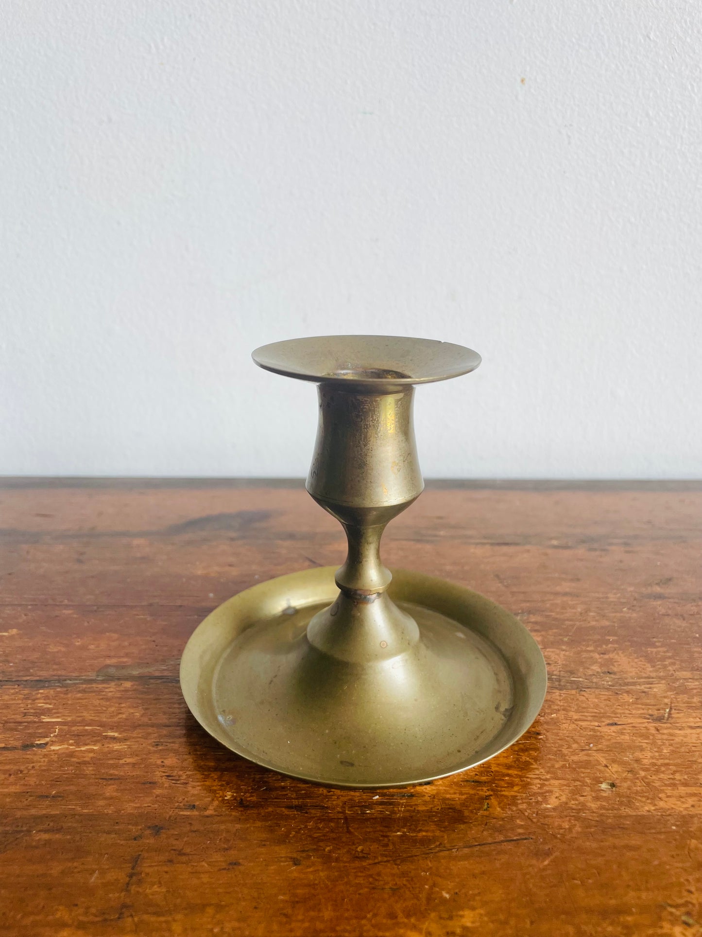 Vintage Brass Chamberstick Candle Holder with Muted Patina