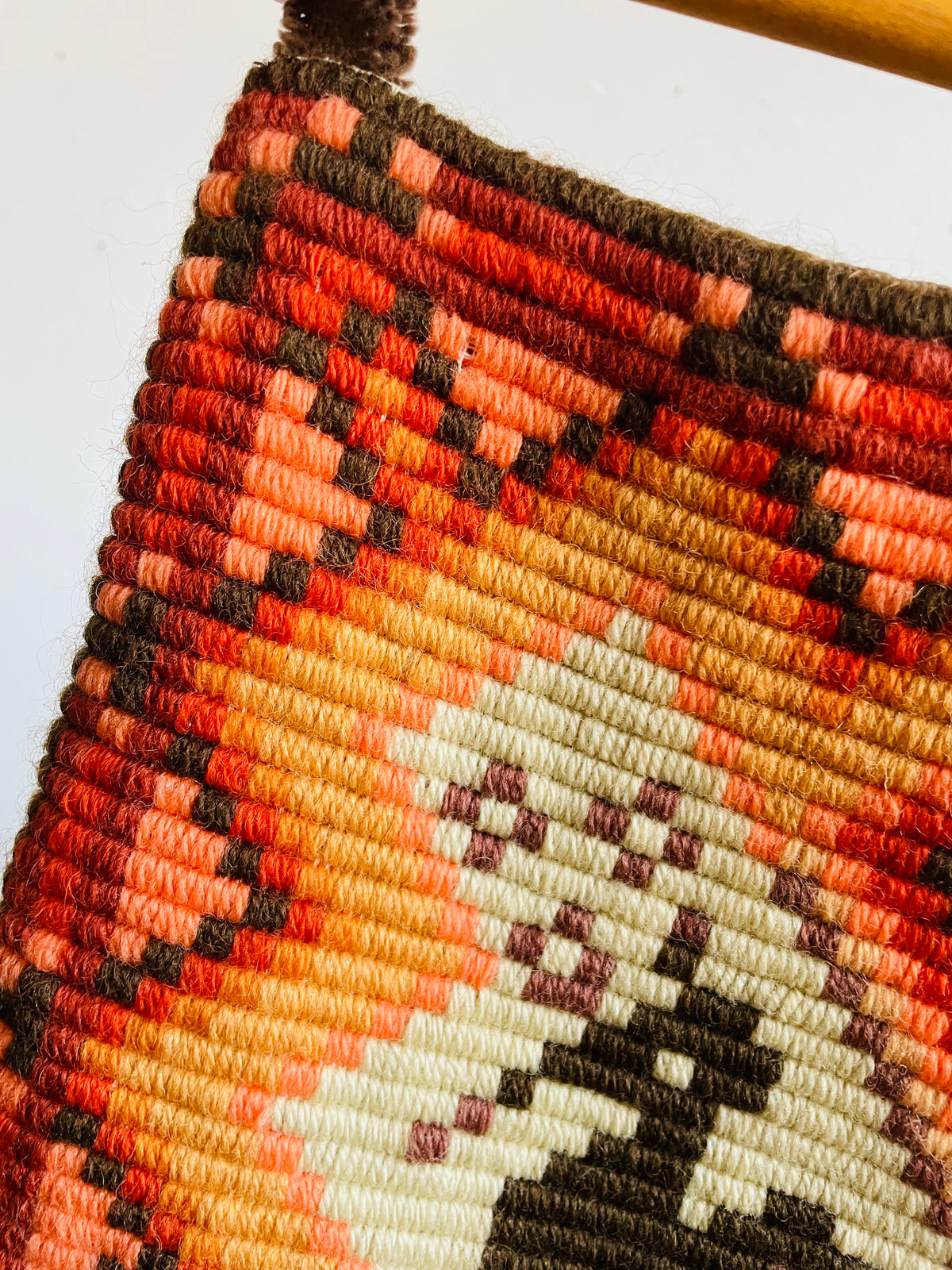 Vintage Mid-Century Modern Scandinavian Needlepoint Embroidery Wall Hanging Tapestry on Wood Dowel Rod - Orange, Red, Yellow, Brown & Cream Colours - Bird, Heart, Flower & Geometric Shape Design