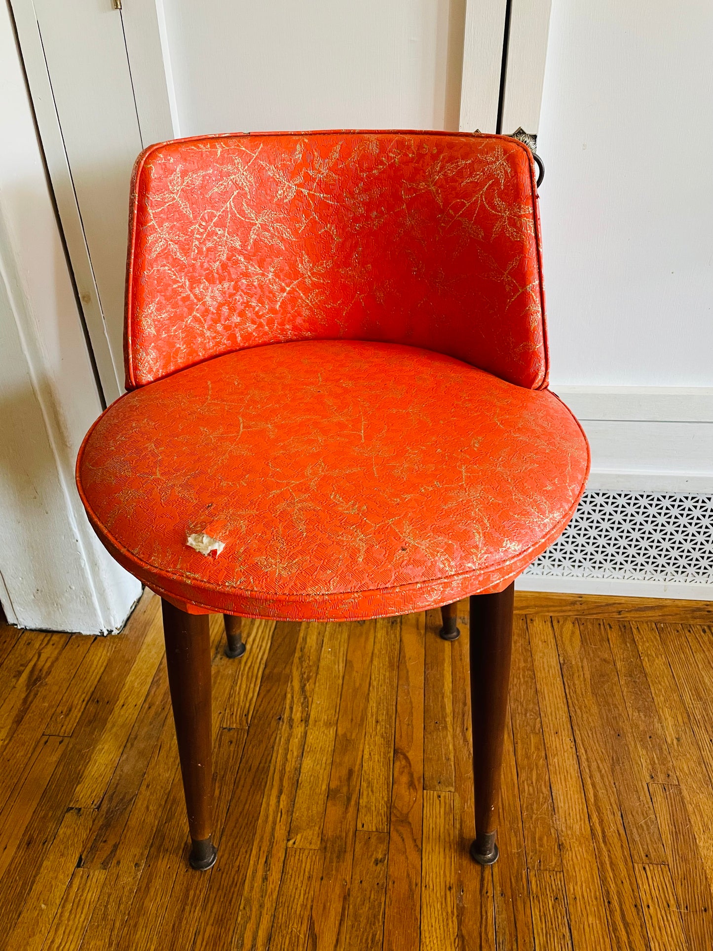 Mid-Century Modern Short Stool Chair with Orange Fabric & Gold Print - Swivels 360 Degrees!