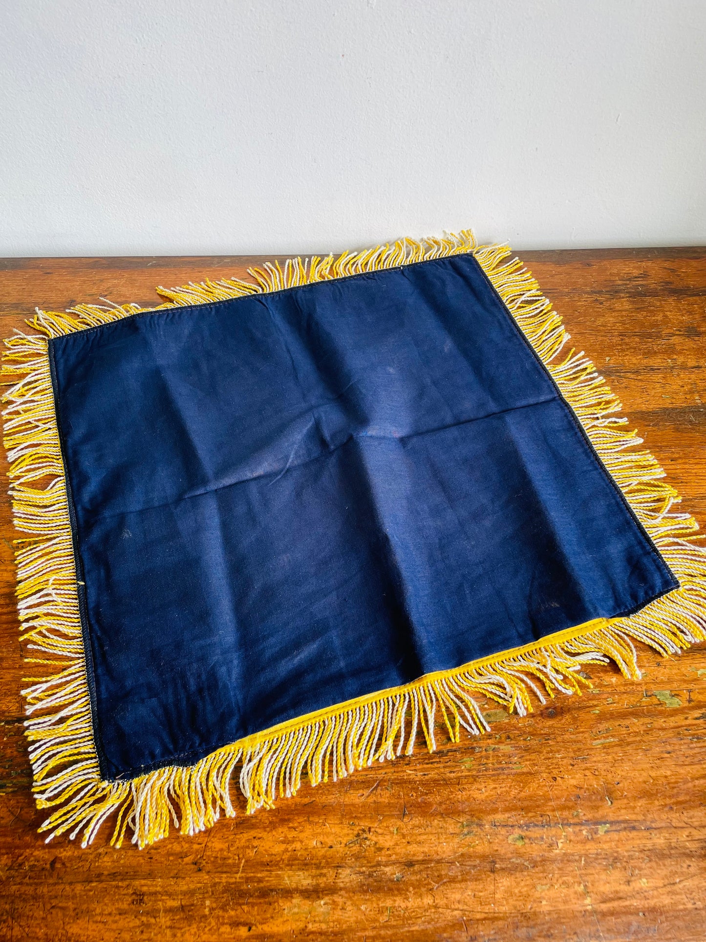 Vintage 1940s WW2 Churchill Manitoba Canada Navy Blue & Yellow Souvenir Throw Pillow Cushion Cover with Velvet Deer in Forest Design & Fringe - Pillowcase Only
