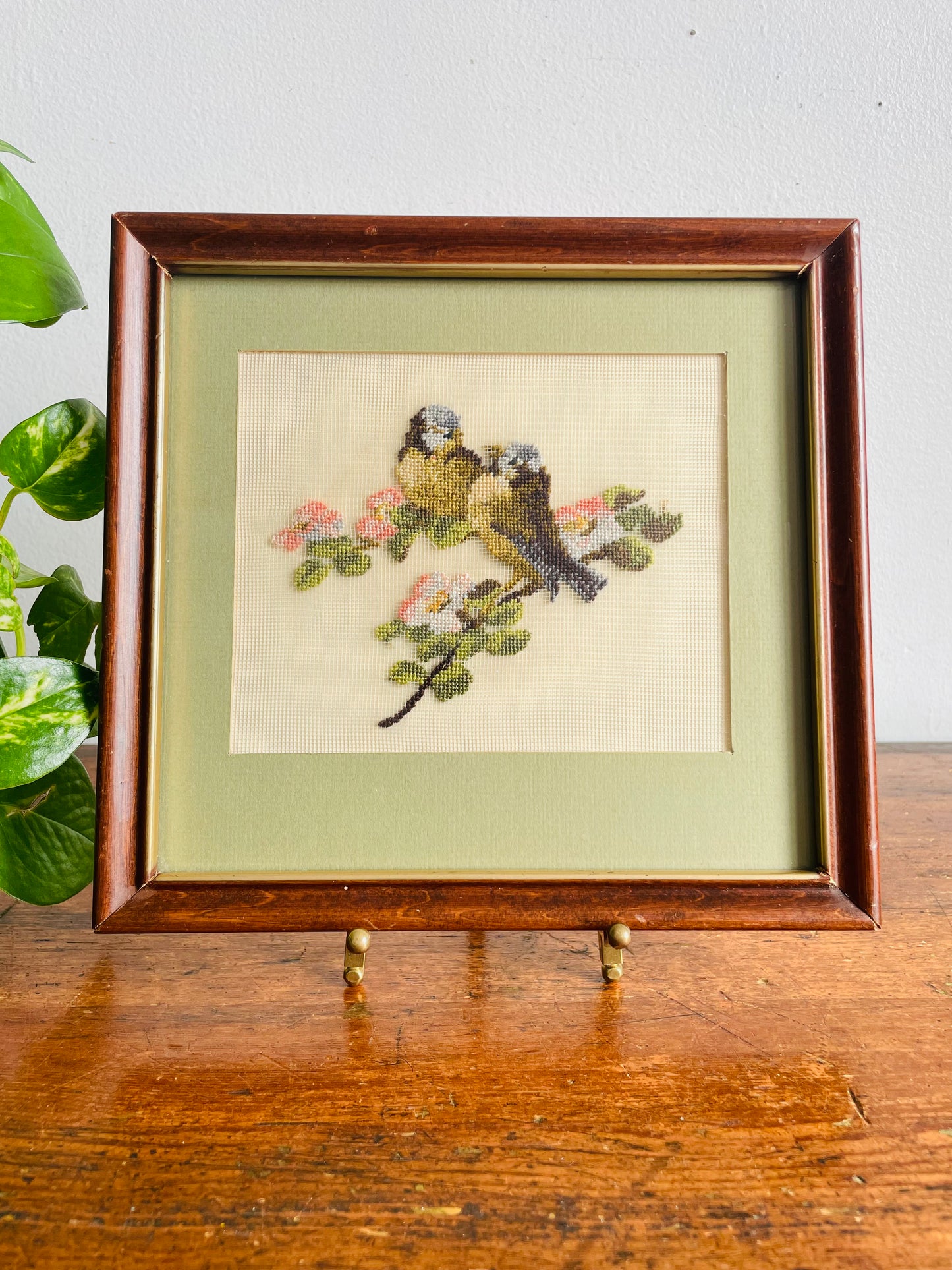 Vintage Petit Point Embroidery Picture of Two Birds on Branch with Flower Blossoms & Sage Green Mat