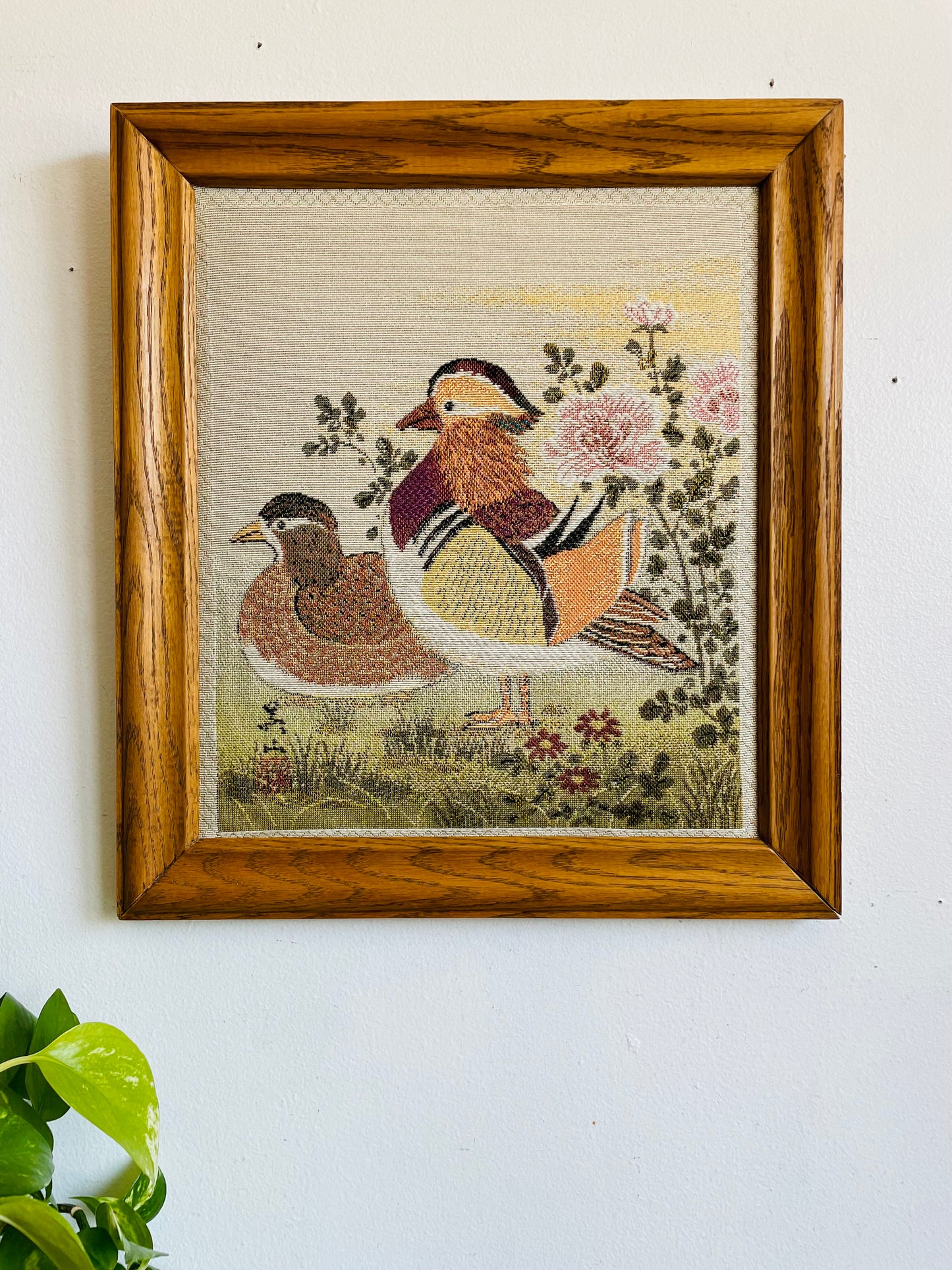 Vintage Framed Stuffed Tapestry Fabric Picture of Mandarin Duck Birds