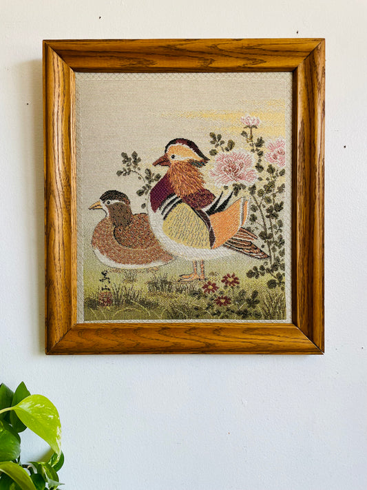 Vintage Framed Stuffed Tapestry Fabric Picture of Mandarin Duck Birds