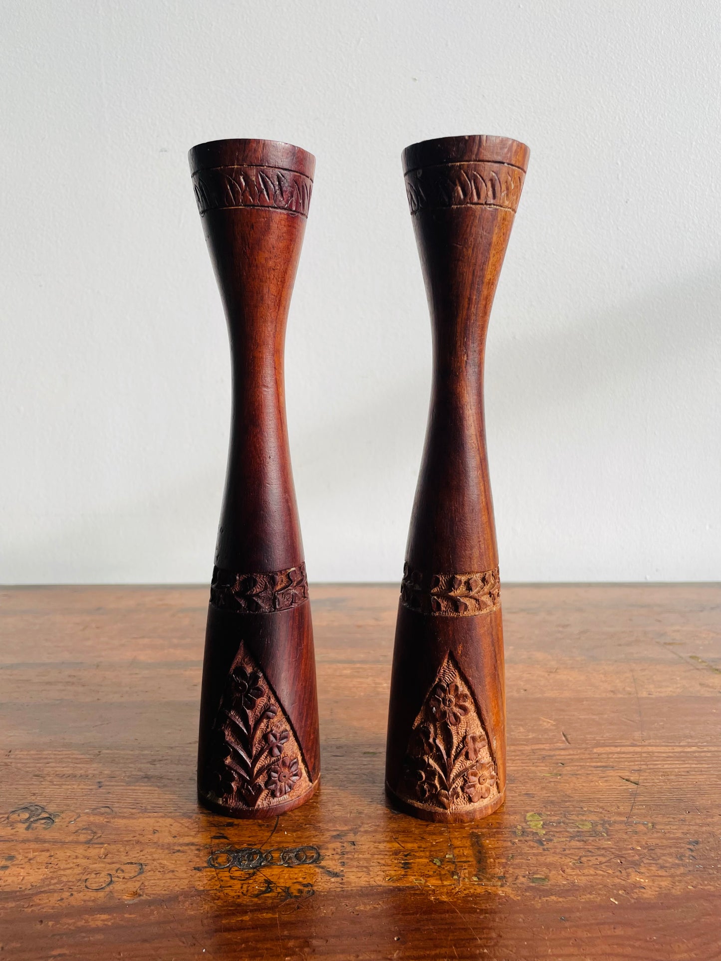 Tall & Shapely Indian Rosewood Candle Holders with Carved Floral Design - Set of 2 - Made in India