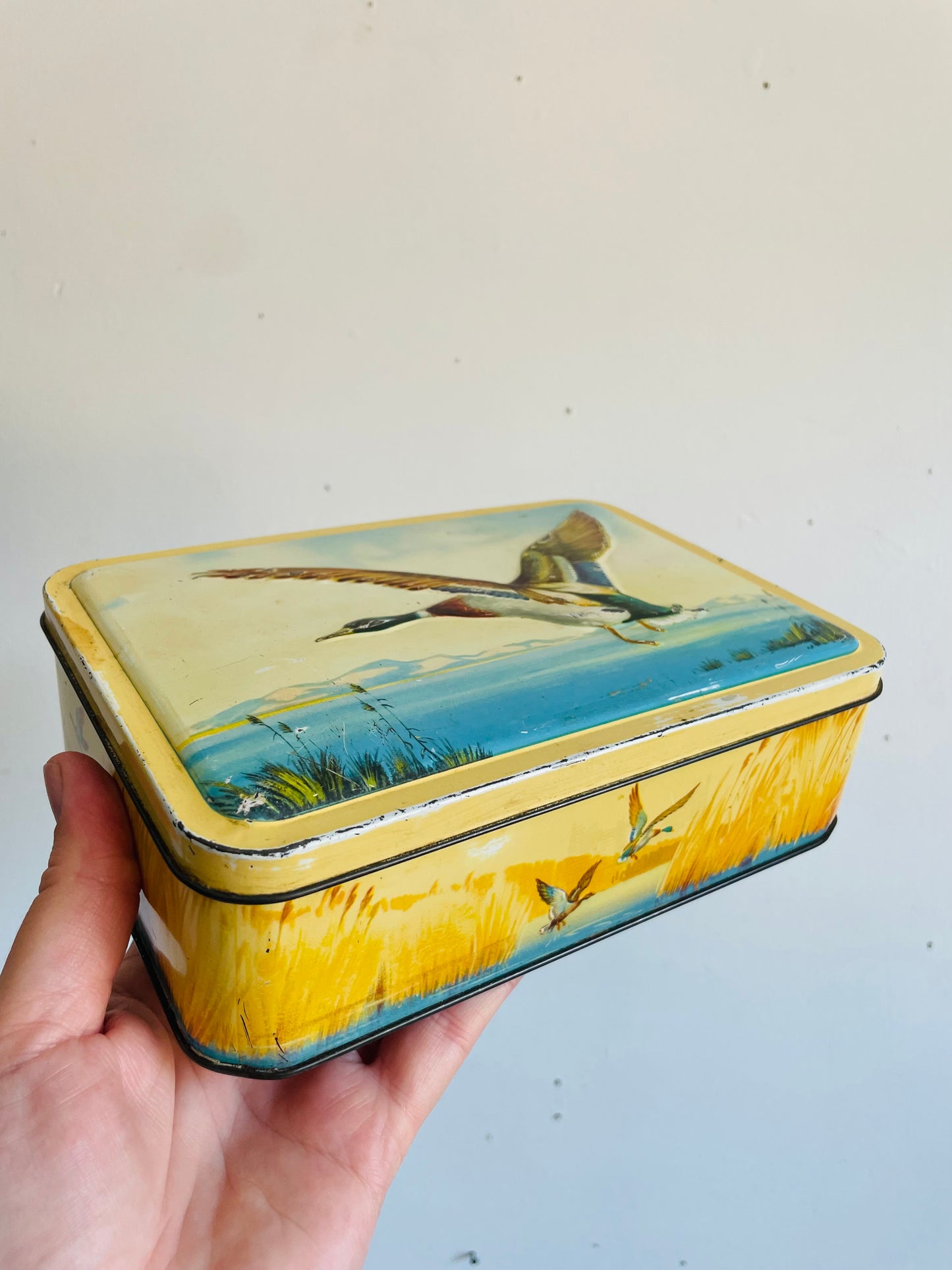 Vintage Tin Container with Flying Duck Bird Over Lake & Mountains Design - MacFarlane Lang & Co's Biscuits