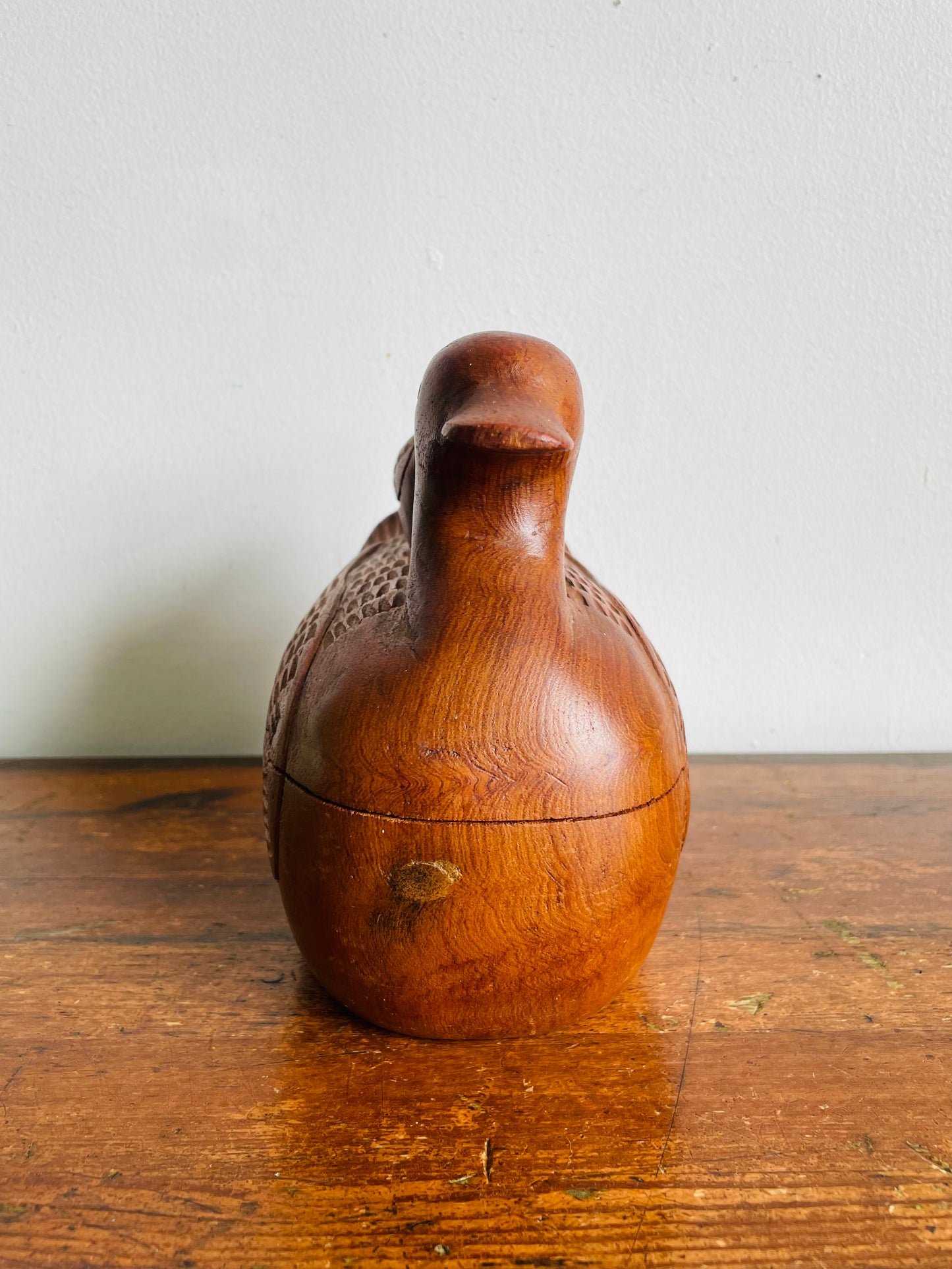 Vintage Hand Carved Folk Art Wood Duck Keepsake Box - Mother Duck with Baby Duckling on Back - Opens Up with Storage Compartment Inside!