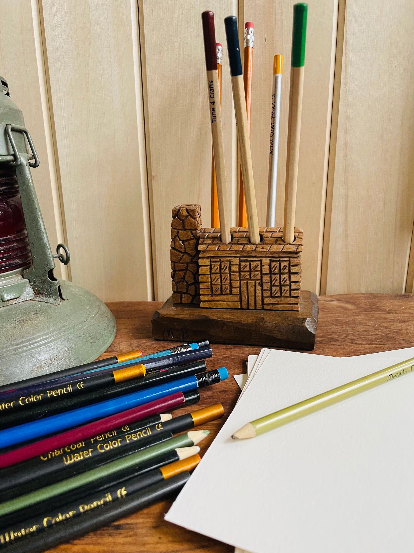 Handmade Carved Wood Log Cabin Pen or Pencil Holder