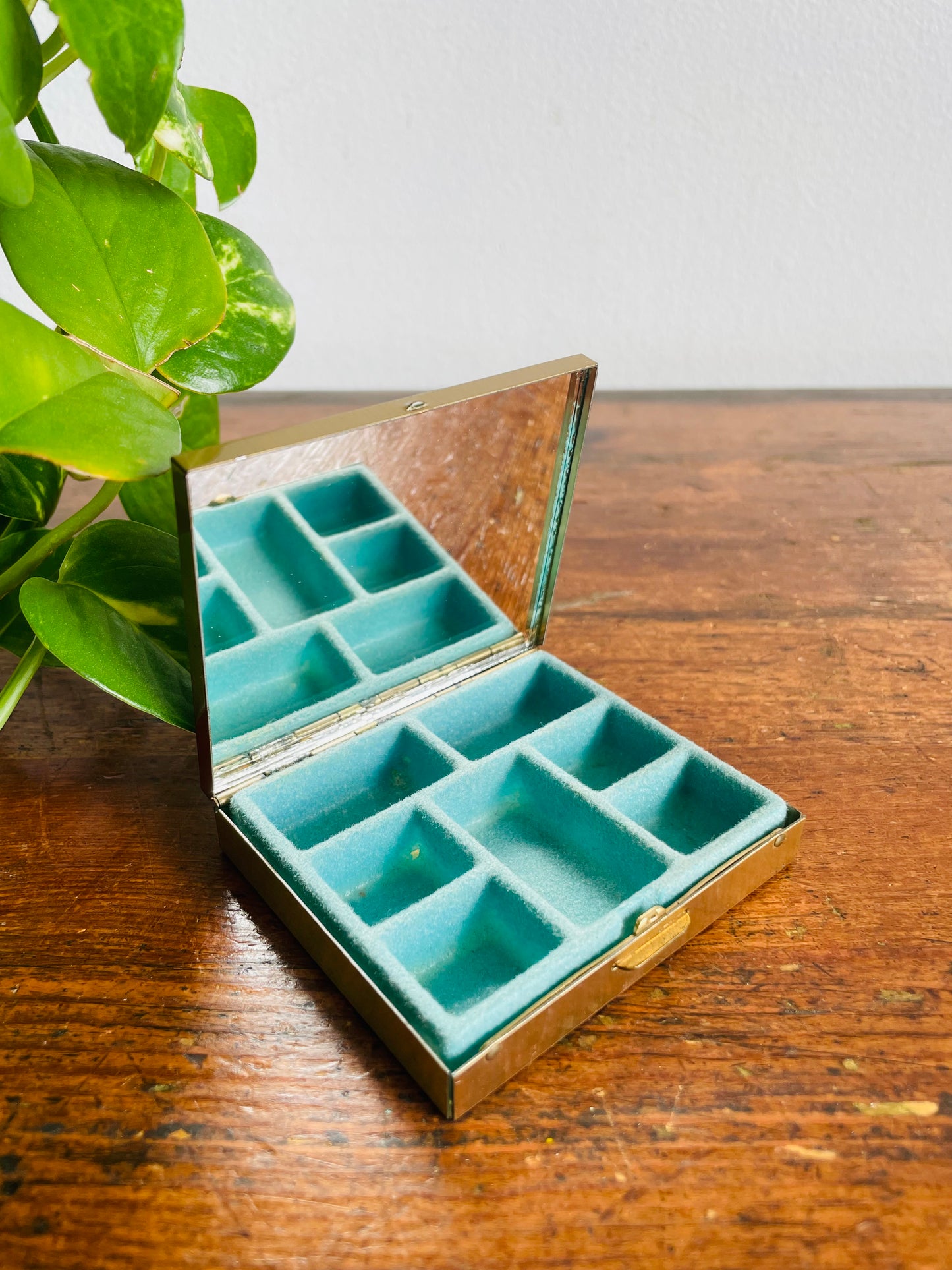 Vintage Brass & Enamel Travel Pocket Case with Divided Jewellery or Pill Organizer Compartment & Mirror - Snowy Winter Night Scene - Made in Vancouver Canada