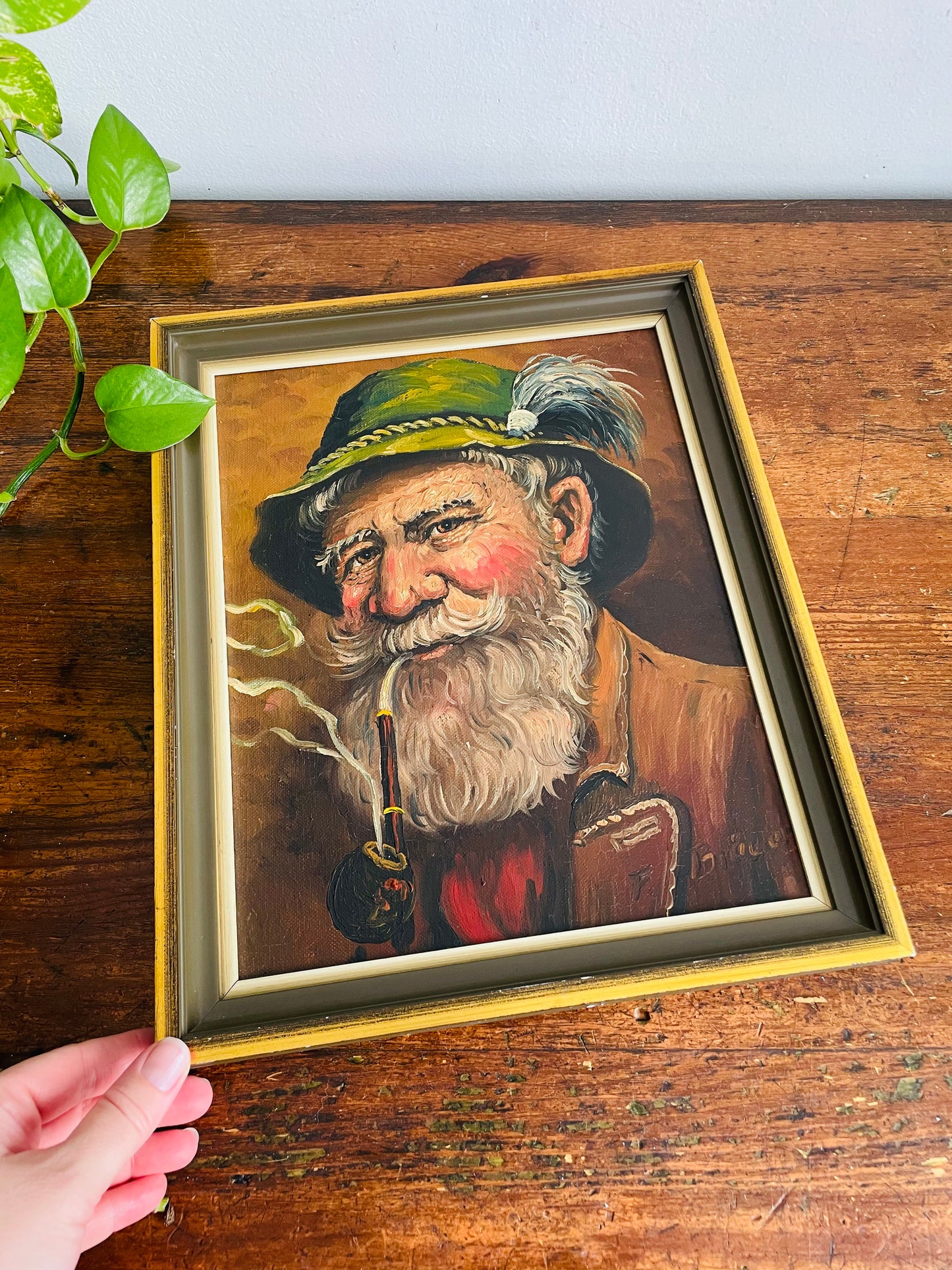 Vintage Original Art Painting Picture - Portrait of a Bavarian Man Wearing a Tyrolean Hat with Feather Plume & Smoking a Pipe