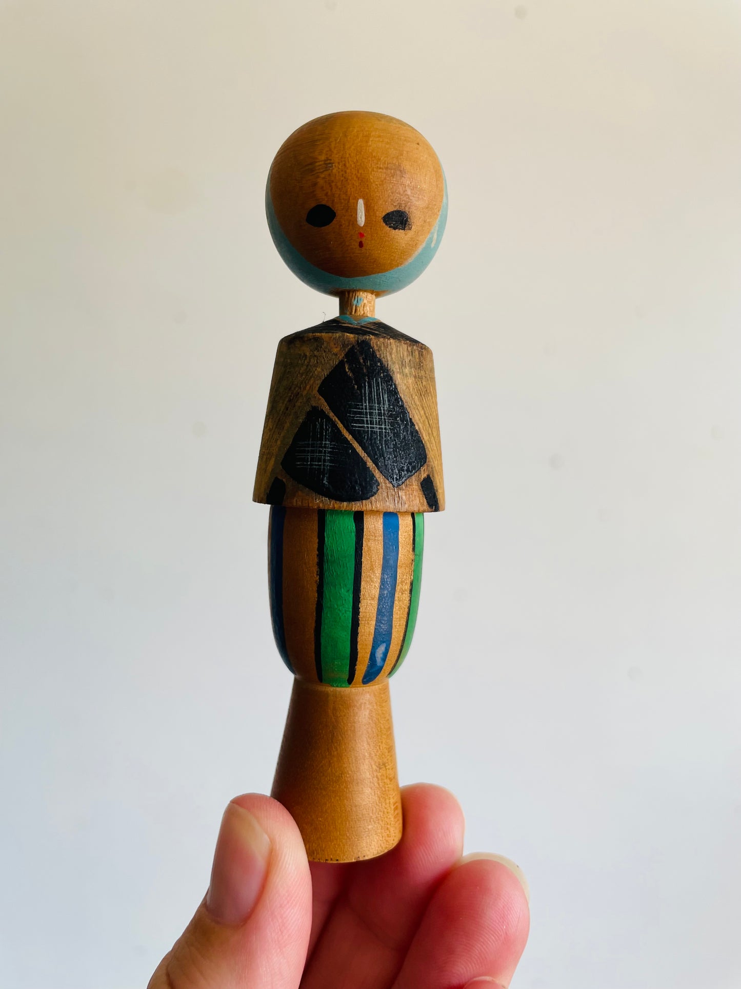 Vintage 4.25" Tall Japanese Wooden Kokeshi Bobblehead Doll with Black, Blue & Green Dress