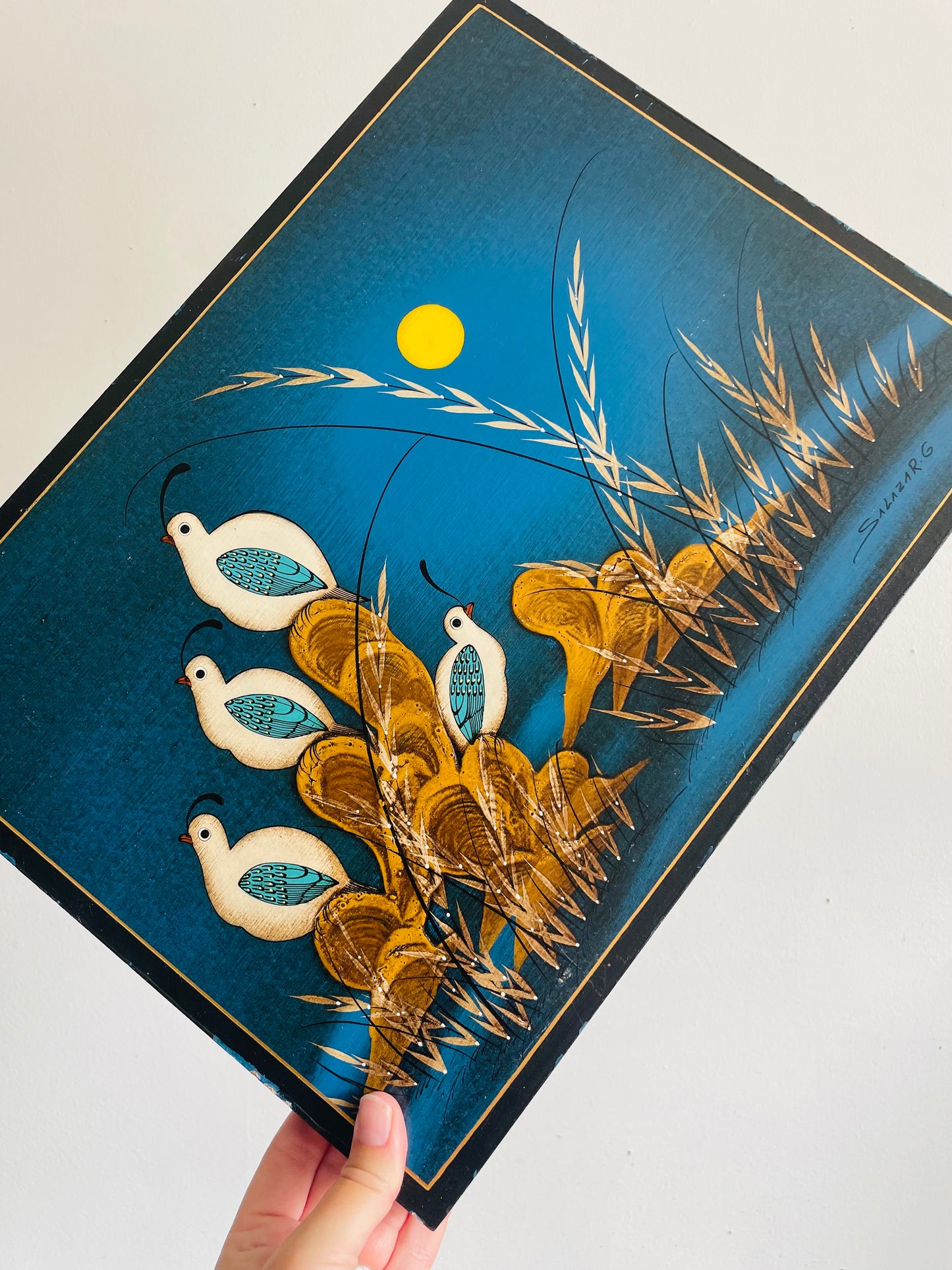 Vintage Mexican Folk Art Painting of Quail Birds with Sun & Blue Background - Artist Signed Salazar G.