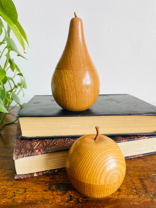 Vintage Carved Wood Pear & Apple Lidded Box Containers - Open Up / Hollow Inside - Set of 2