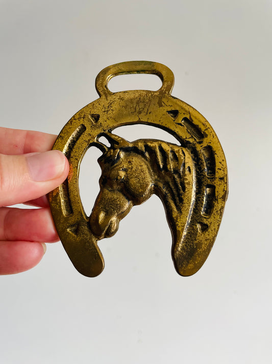 Vintage Horse Brass Medallion Hanging Wall Decor with Horse & Horseshoe