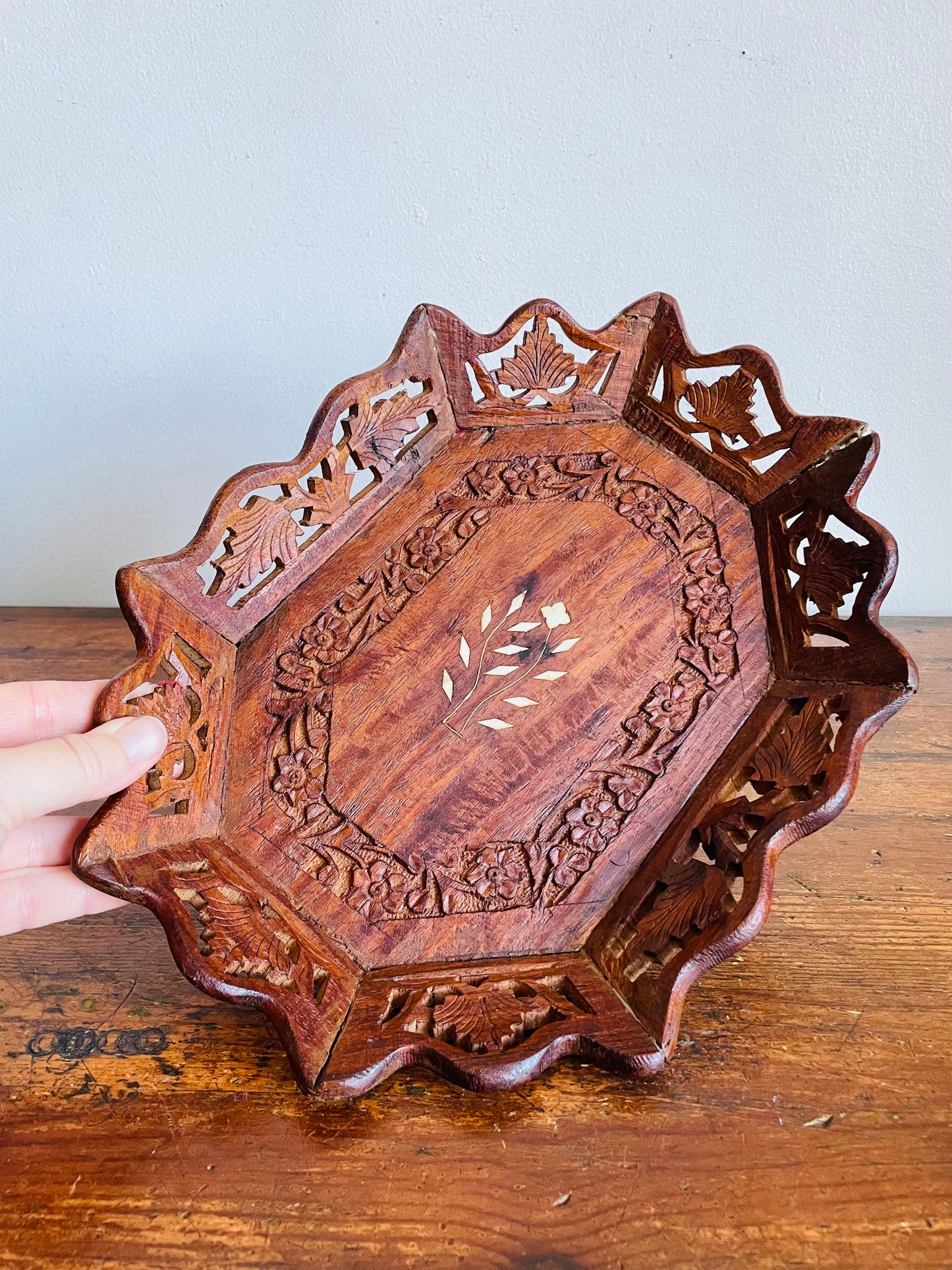 Vintage Carved Indian Rosewood Tray Dish with Inlay Design - Vanity, Bathroom, Jewellery, Candle, Etc.