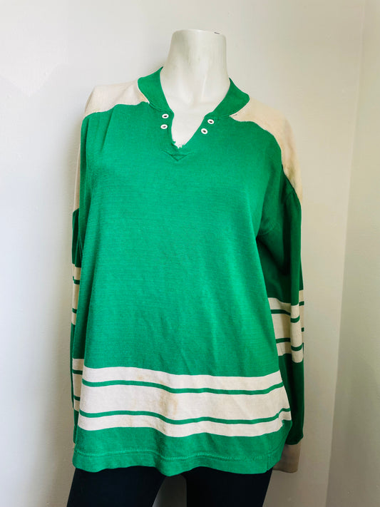 1980s KL Jaydee Sportwear Long Sleeved Green & White Sports Jersey Shirt