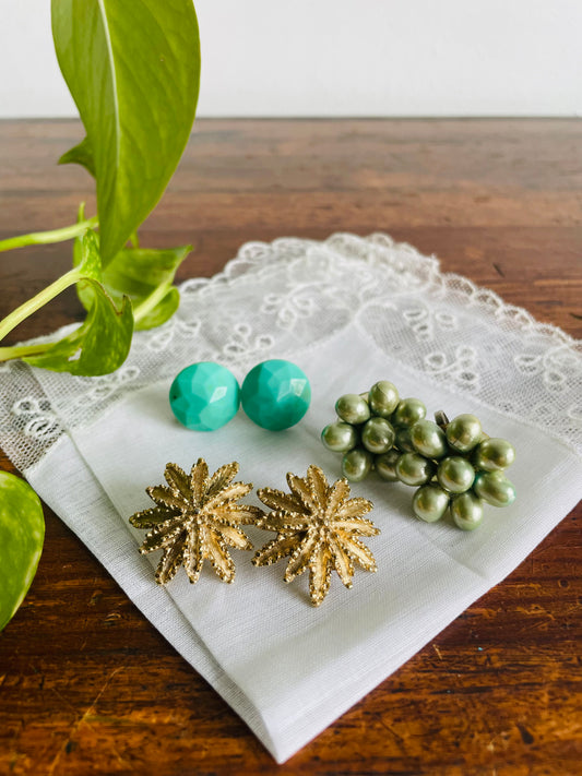 3 Pairs of Clip-On Costume Jewellery Earrings - Gold & Seafoam Green