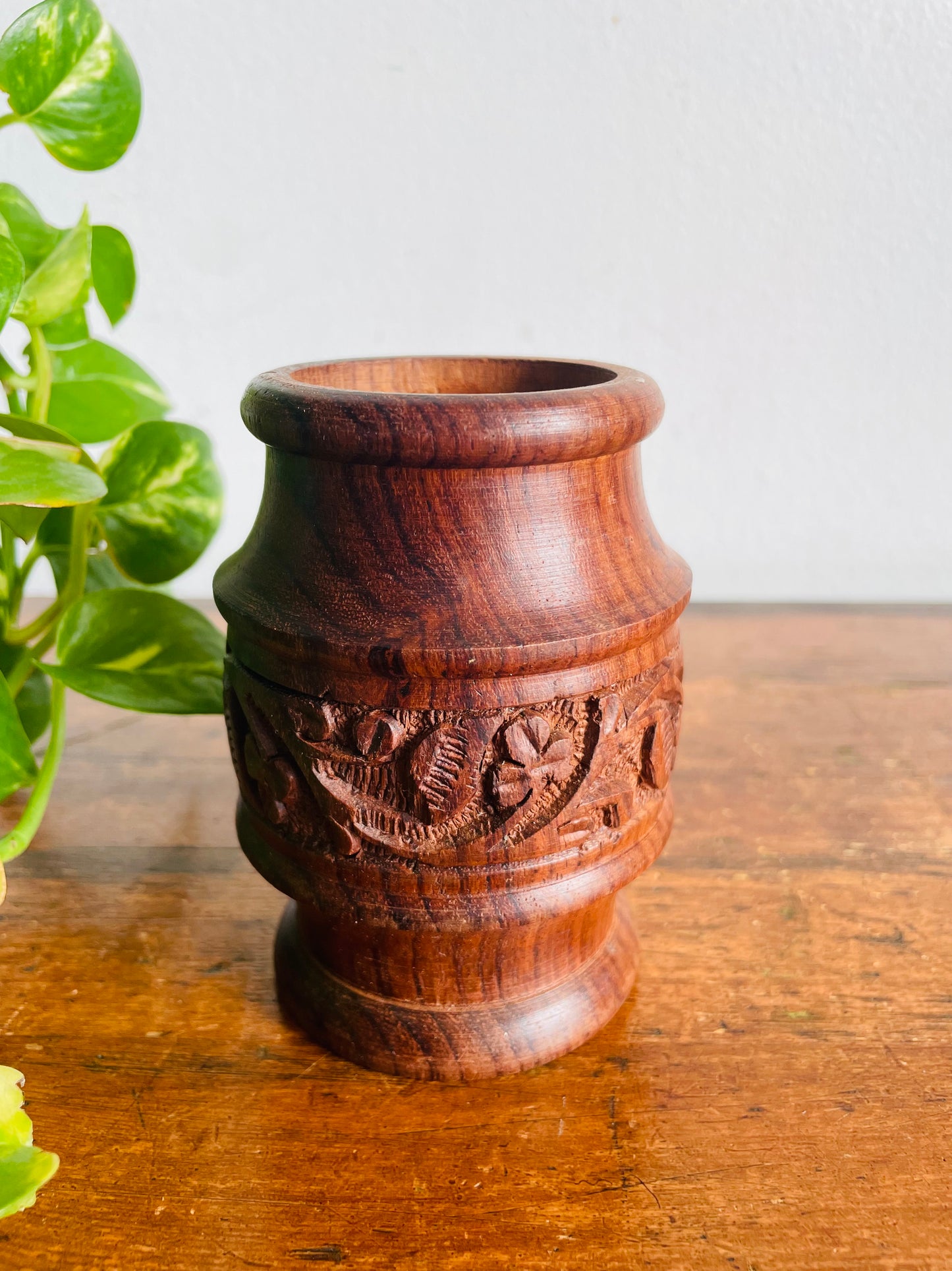 Vintage Carved Indian Rosewood / Sheesham Wood Cup Holder or Bud Vase - Great for Incense, Makeup Brushes, Dried Flowers, Pencils, Etc.