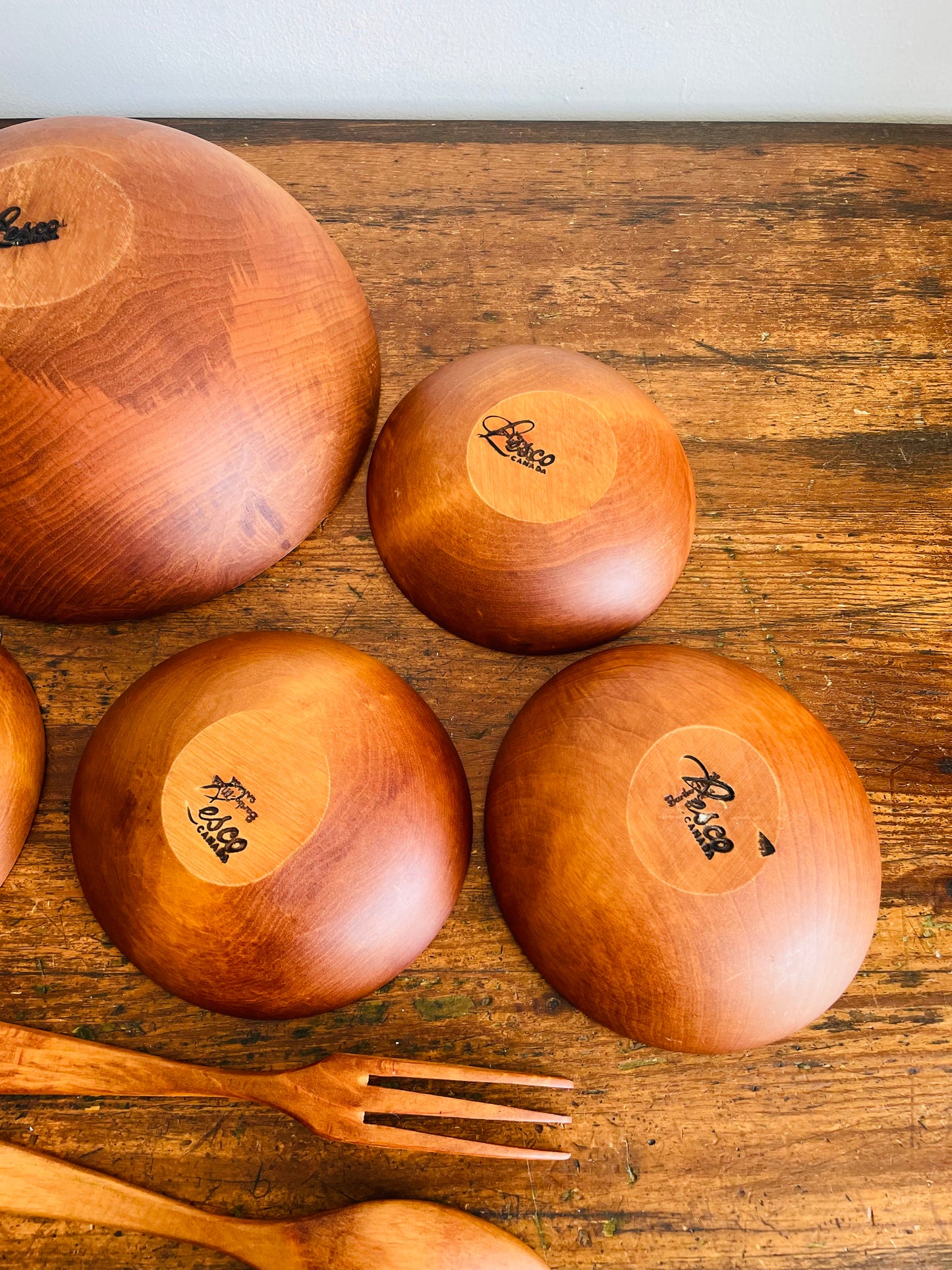 Vintage Brand New in Box Baribocraft / Lesko Baribo Maid Wooden Salad Serving Bowl Set with Utensils - Made in Quebec, Canada - Set of 7 Pieces