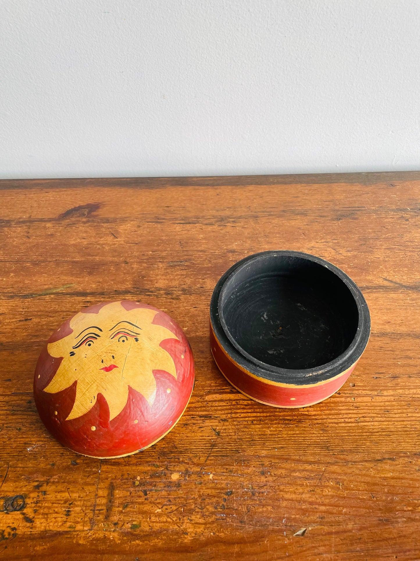 Round Wood Celestial Trinket Box with Sun Design