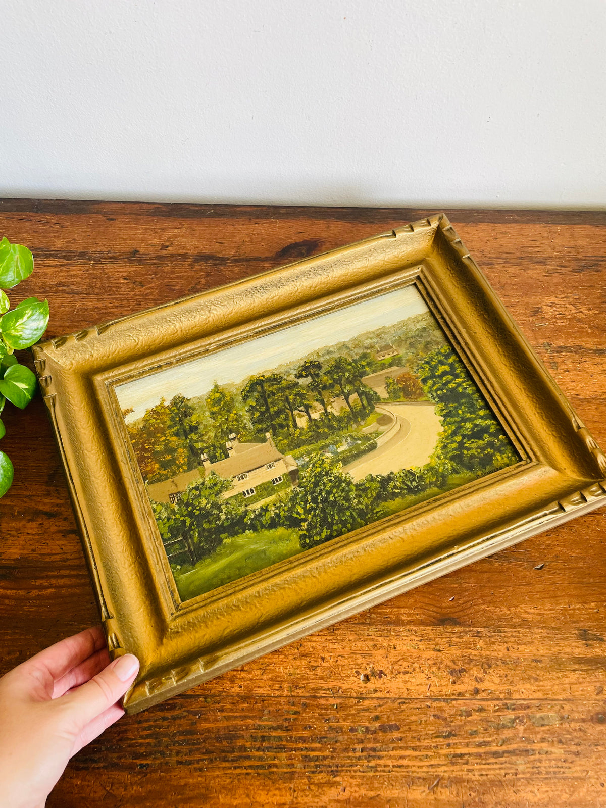 Vintage Original Art Painting in Gold Frame - English Country Scene with House & Trees on Winding Road - Artist Signed M. Sharples - Image Recreated from a Postcard