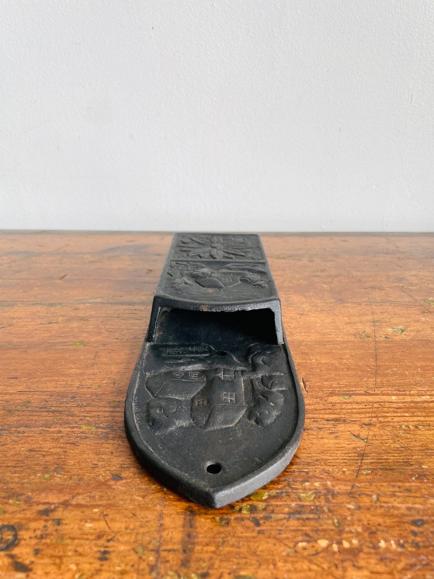 Vintage Cast Iron Wall Pocket Hanging Match Safe Holder with Flower, Barn & House Design