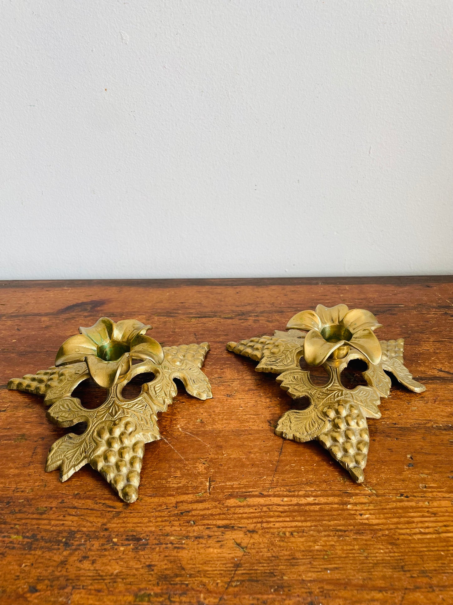 Vintage Solid Brass Candle Holders with Elaborate Grape & Leaf Design - Made in India - Set of 2