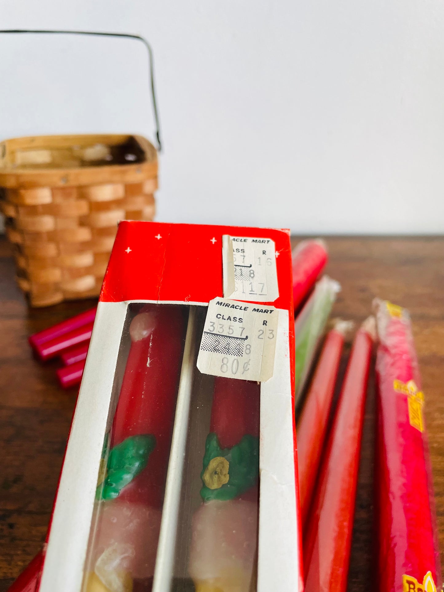 Brand New Vintage Collection of Christmas Candles in Wicker Basket - Assorted Sizes & Shapes, Red & Green - Includes Santa Face Candles in Original Box - Set of 12 Candles + Basket