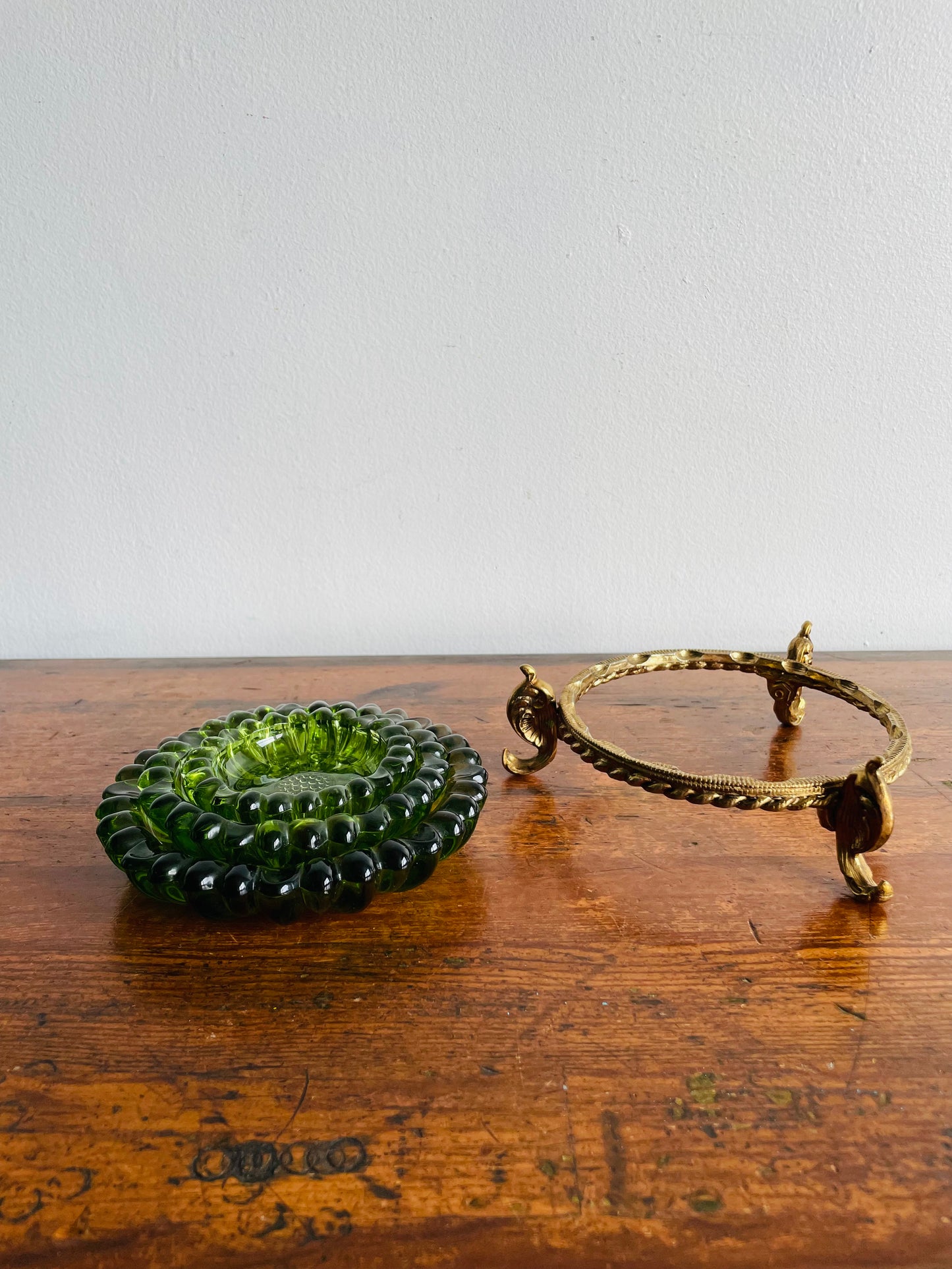 Hazel Atlas Green Glass Nesting Flower Ashtrays or Trinket Dishes in Solid Brass Holder - Set of 4 Pieces