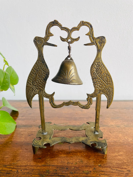 Vintage Chinese Brass Double Facing Crane Birds with Hanging Bell Chime