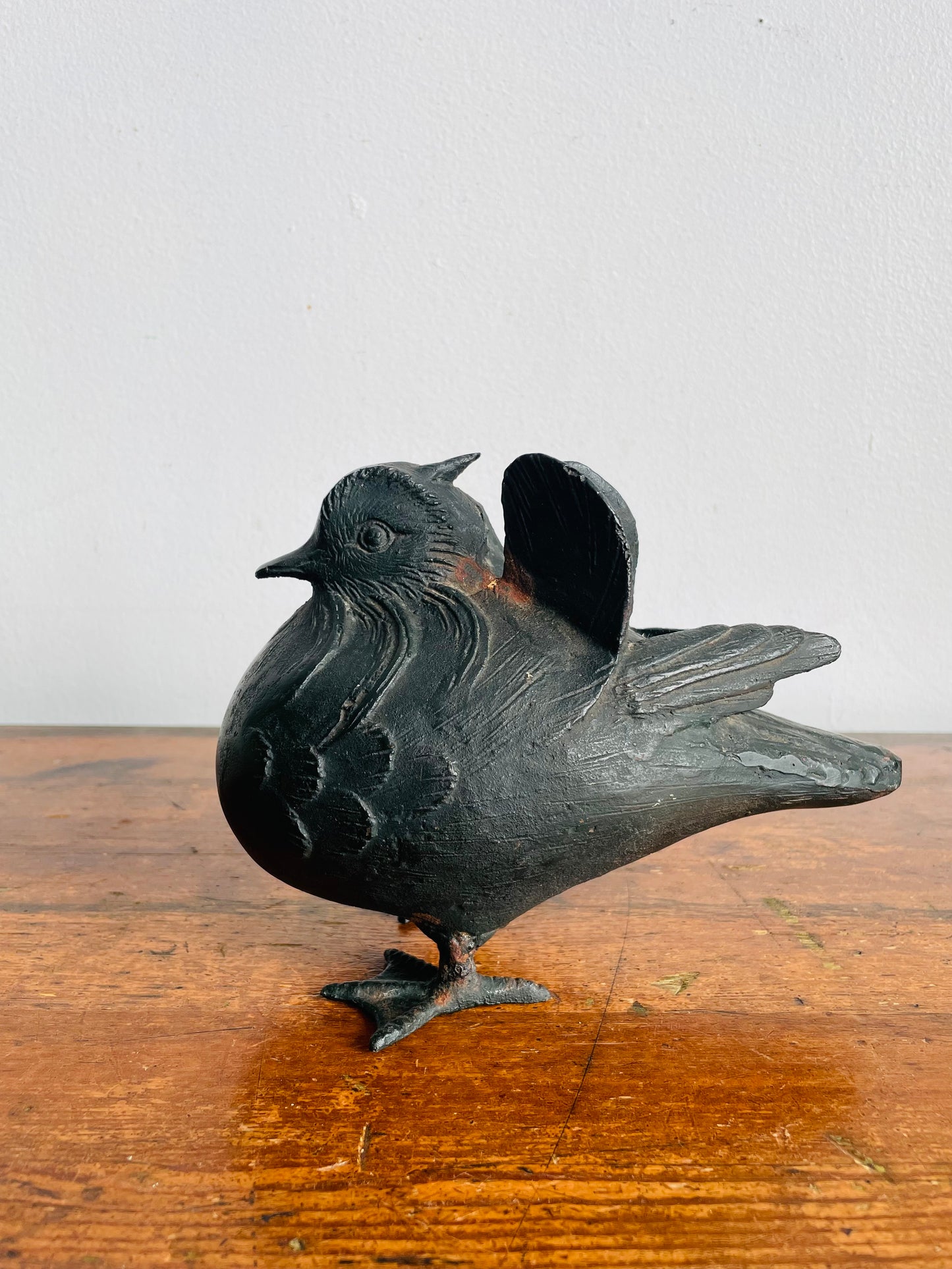 Vintage Solid & Heavy Black Cast Iron Metal Bird Statue - Made in Japan