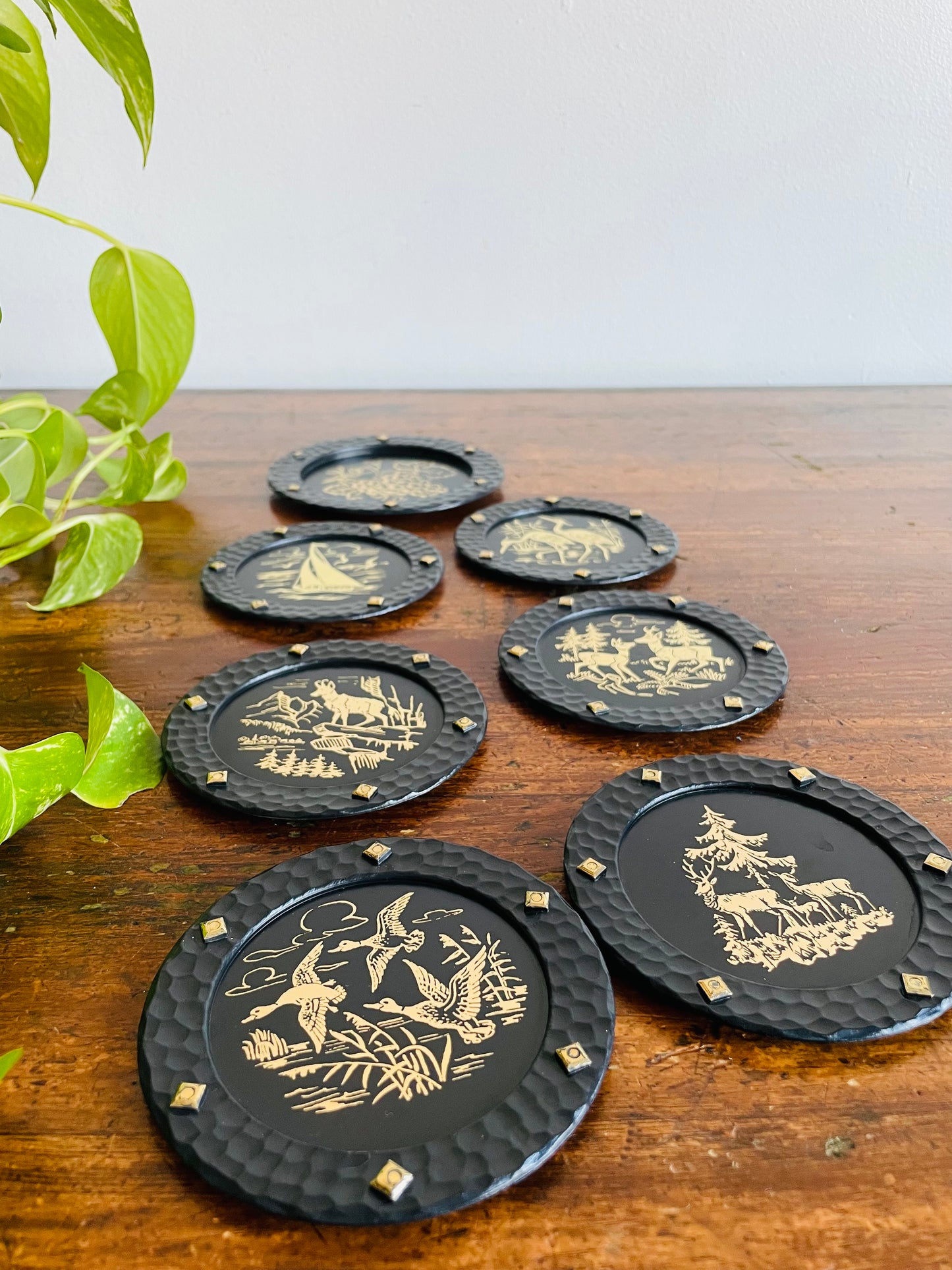 Embossed Gold & Black Woodland Creatures Coasters - Set of 6 with Holder Base