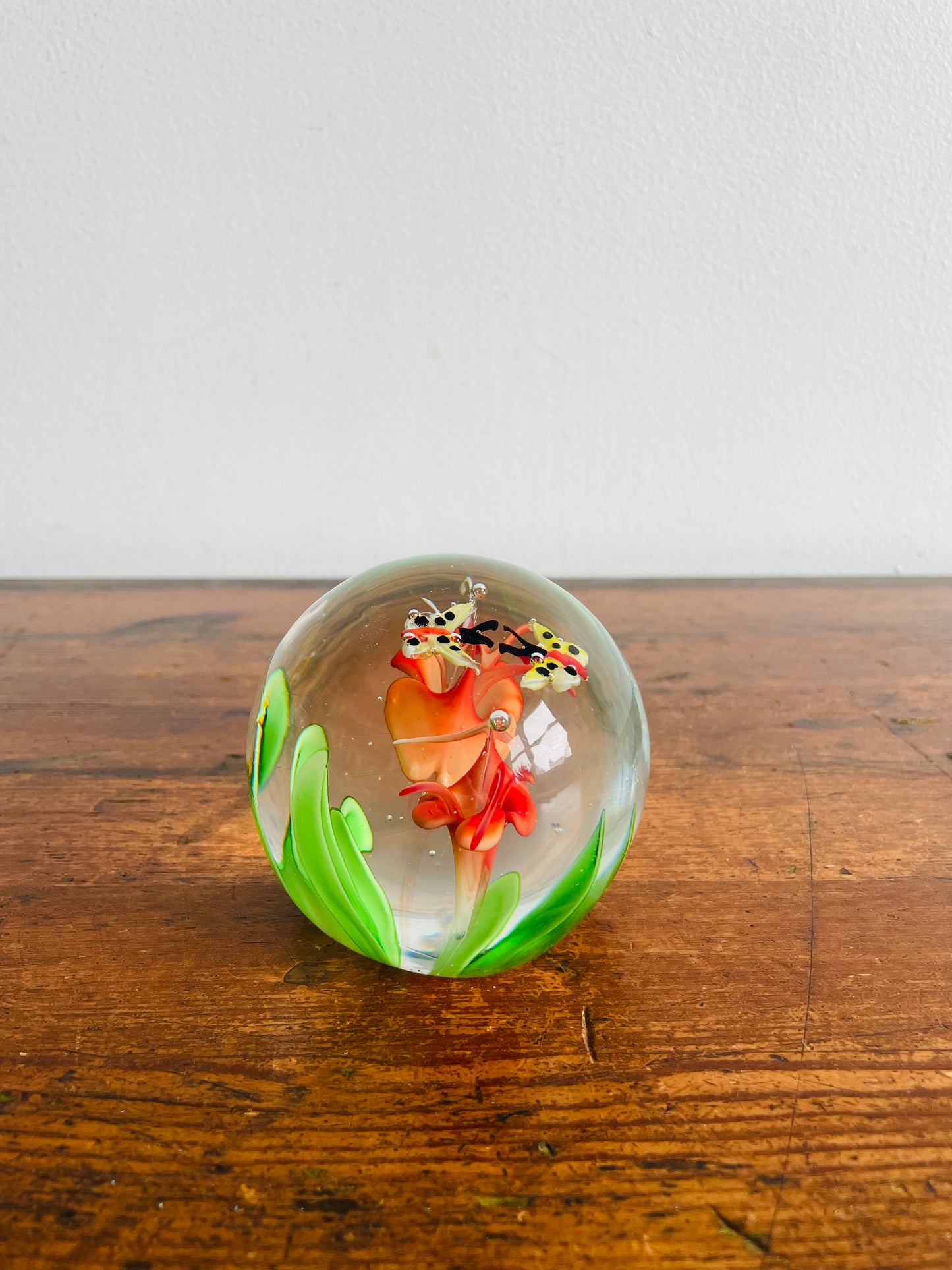 Italian Murano-Style Blown Glass Paperweight with Butterflies & Flowers