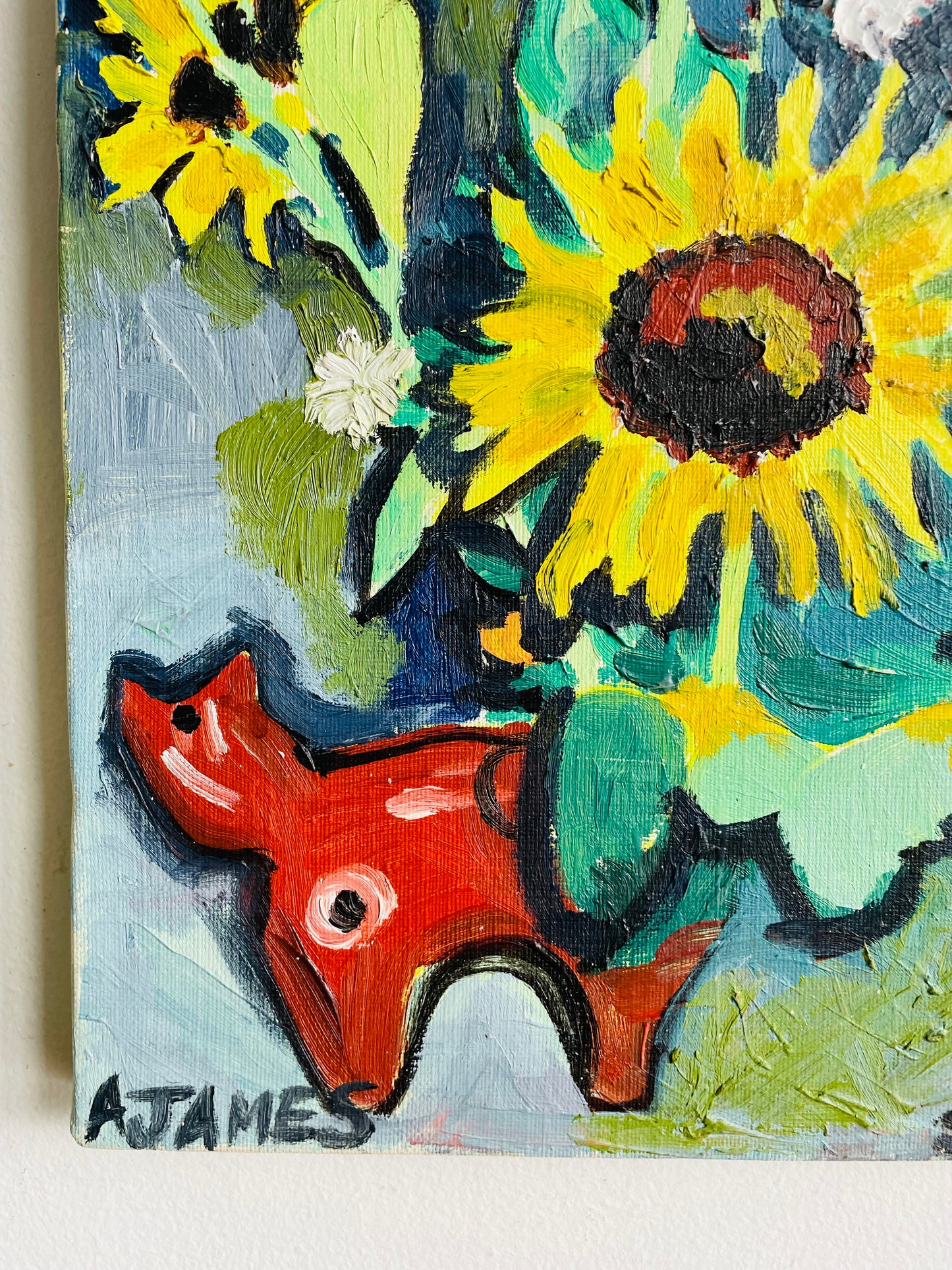 Vintage 1997 Sunflower Garden & Cat Abstract Original Art Painting on Canvas - Artist Signed A. James