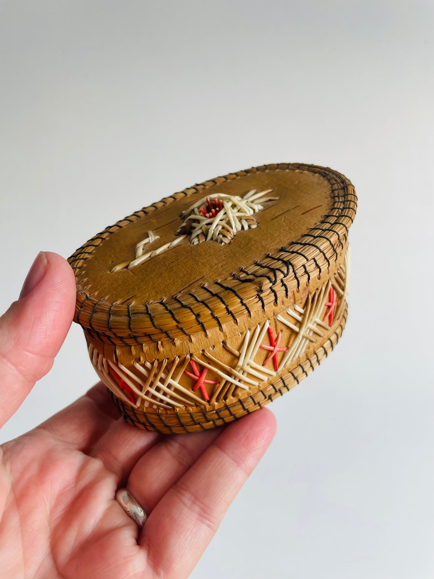 Indigenous Birch Bark & Porcupine Quill Oval Shaped Box with Lid