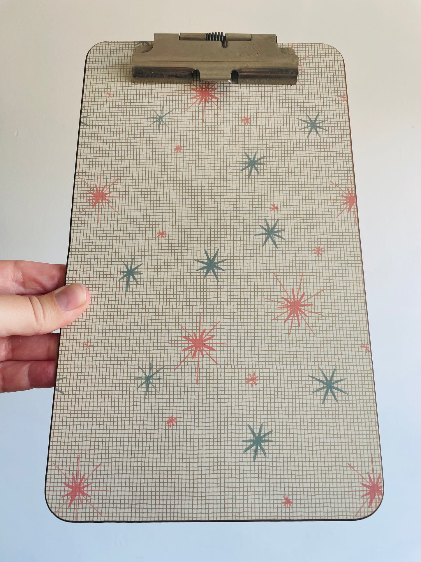 1964 Half Sheet Blue & Pink Atomic Starburst Clipboard with Gator Grip Clip - Made in USA