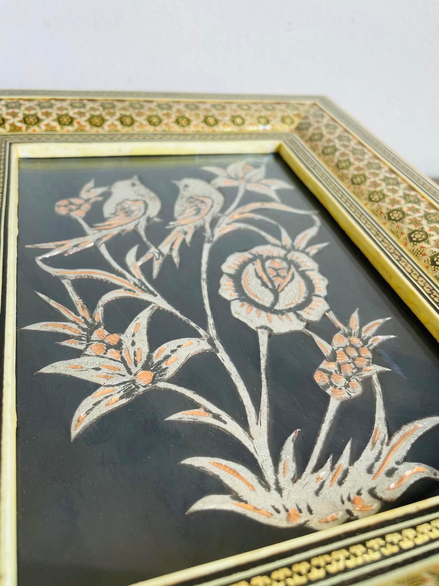 Vintage Persian Khatam Kari Marquetry Frame with Handcrafted Copper & Silver Inlay Picture of Birds & Flowers - Easel Backing