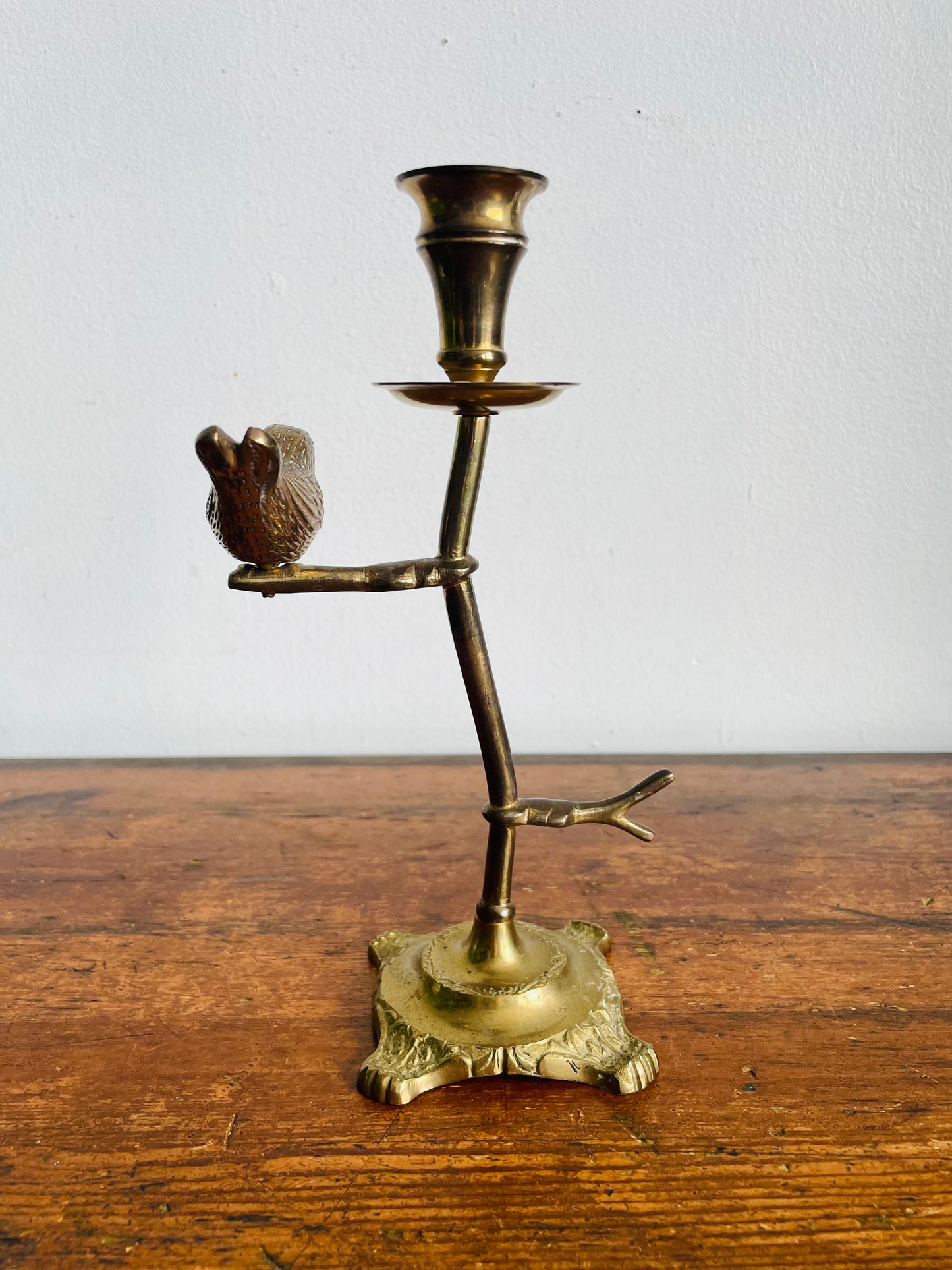 Vintage Solid & Heavy Brass Candle Holder with Branches & Perched Bird on Ornate Footed Base