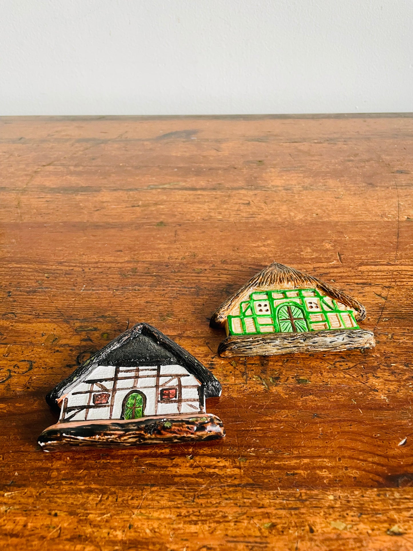Vintage Adorable Mini Hand-Painted Plaster Thatched Roof Cottage Houses - Can Hang or Lean - Set of 2