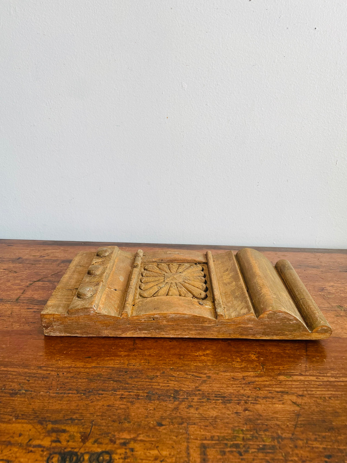 Vintage Wood Architectural Salvage Plinth Block Piece with Floral Rosette & Molded Trim - Can Hang or Stand