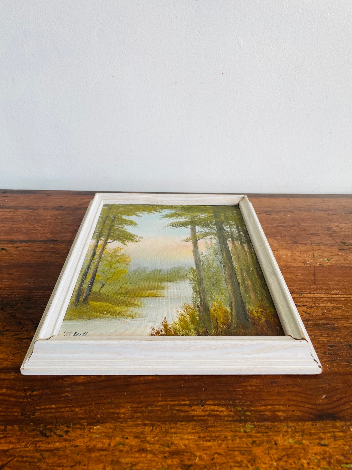 Vintage Original Art Painting Picture of Stream Through Forest in White Wood Frame - Artist Signed