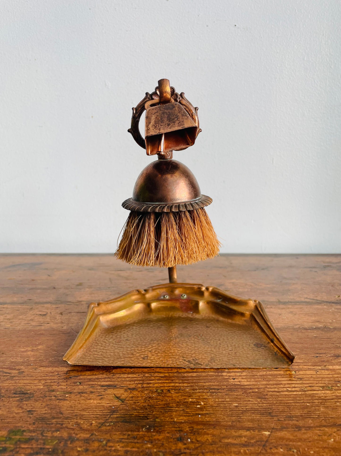 Antique Copper Silent Butler Crumb Catcher Dustpan with Hook Hanger, Brush & Bell - Set of 3 Pieces - Celtic Quality Plate - Made in England