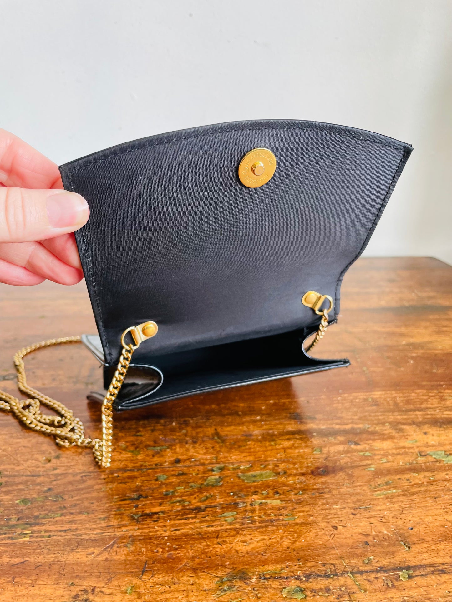 Vintage Little Black Patent Leather Crossbody Clutch Purse on Long Brass Gold Chain