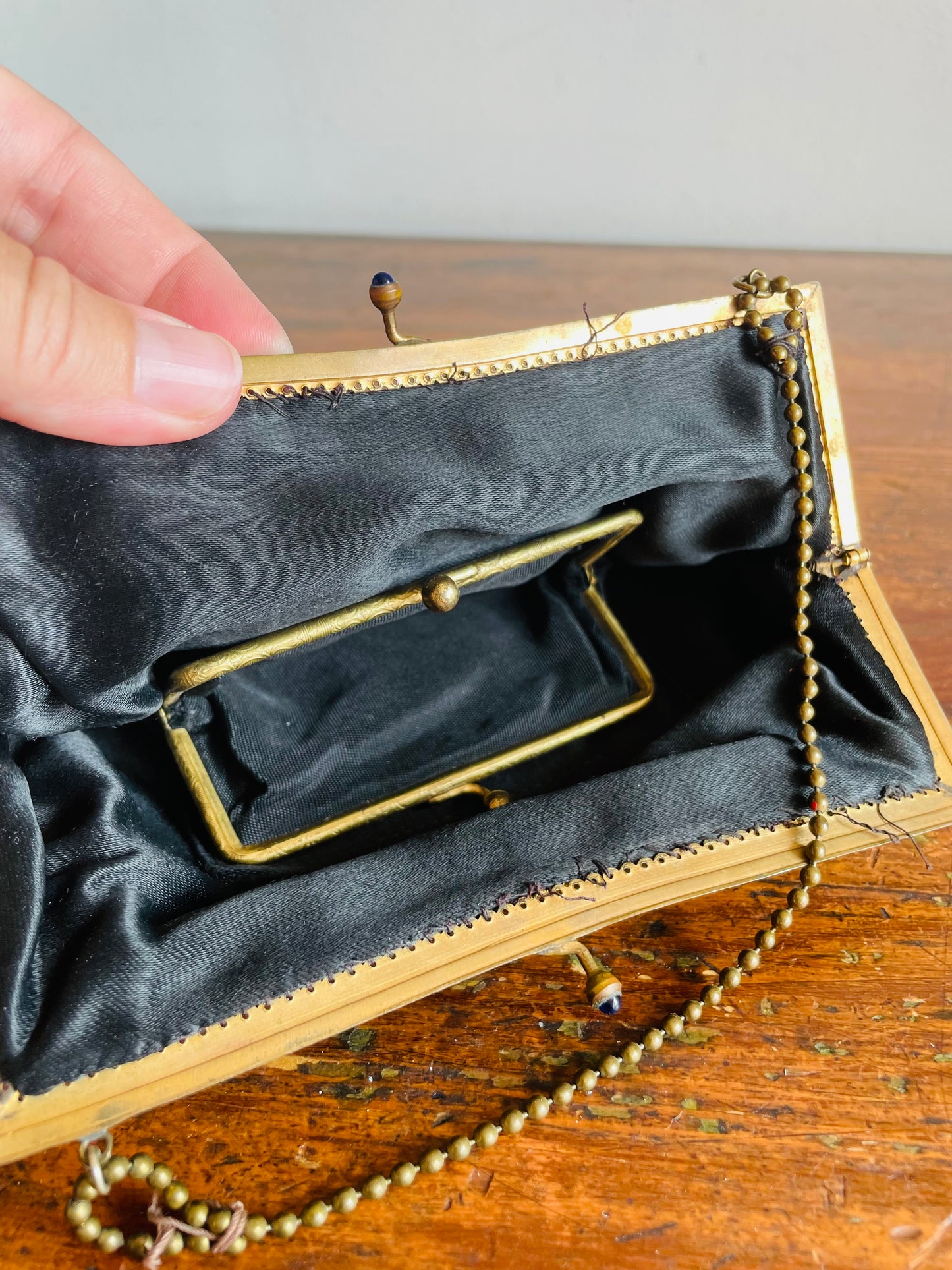 Delicate 1920s Black Evening Bag Purse on Brass Chain with Floral Petit Point Embroidery - Has Attached Coin Purse Inside