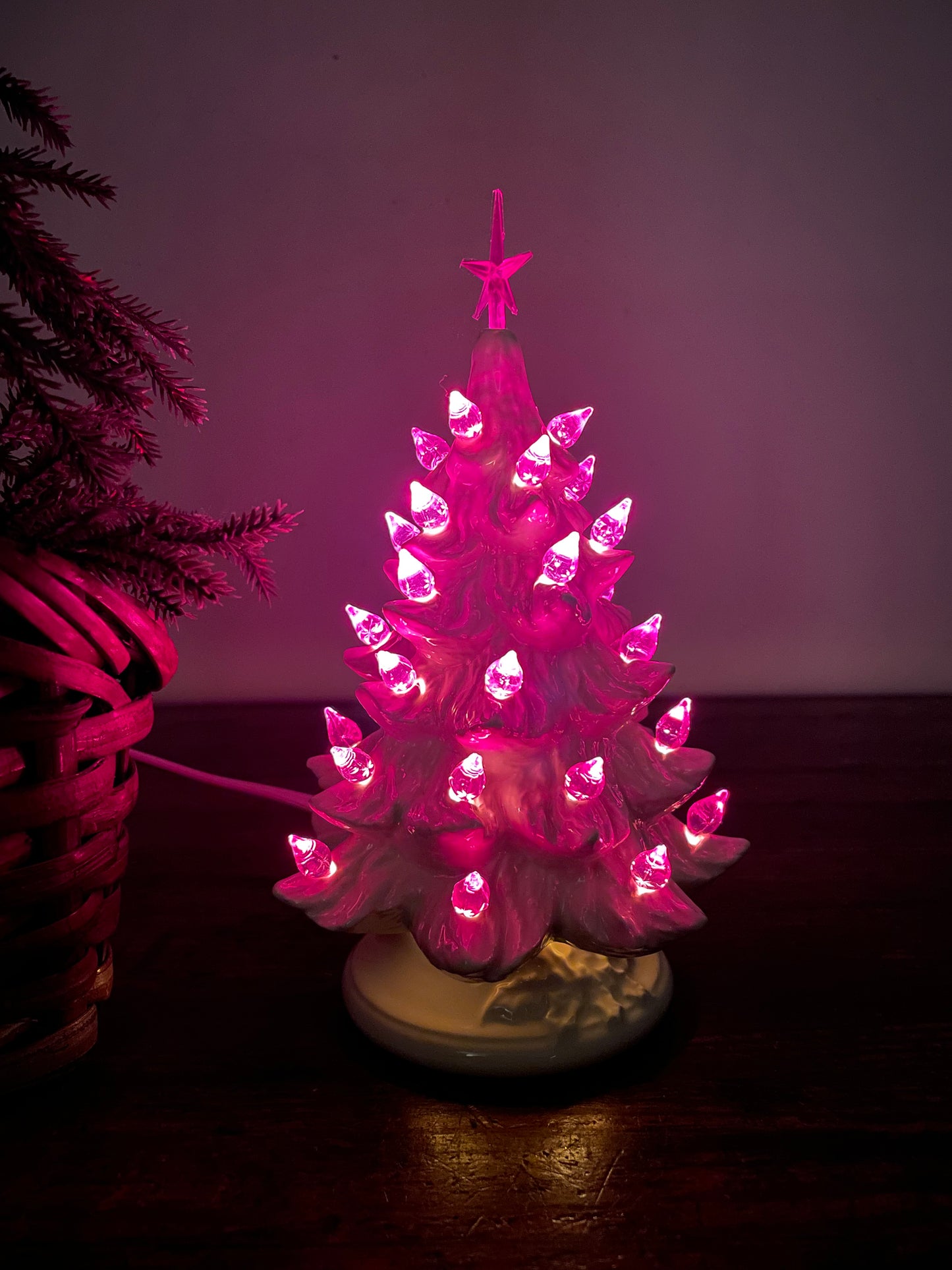 Miniature White Ceramic Light Up Christmas Tree with Purple Bulbs & Star (2005)