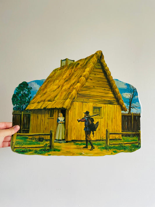 Vintage Thanksgiving Cardboard Cutout - Pilgrim Returning Home with Turkey