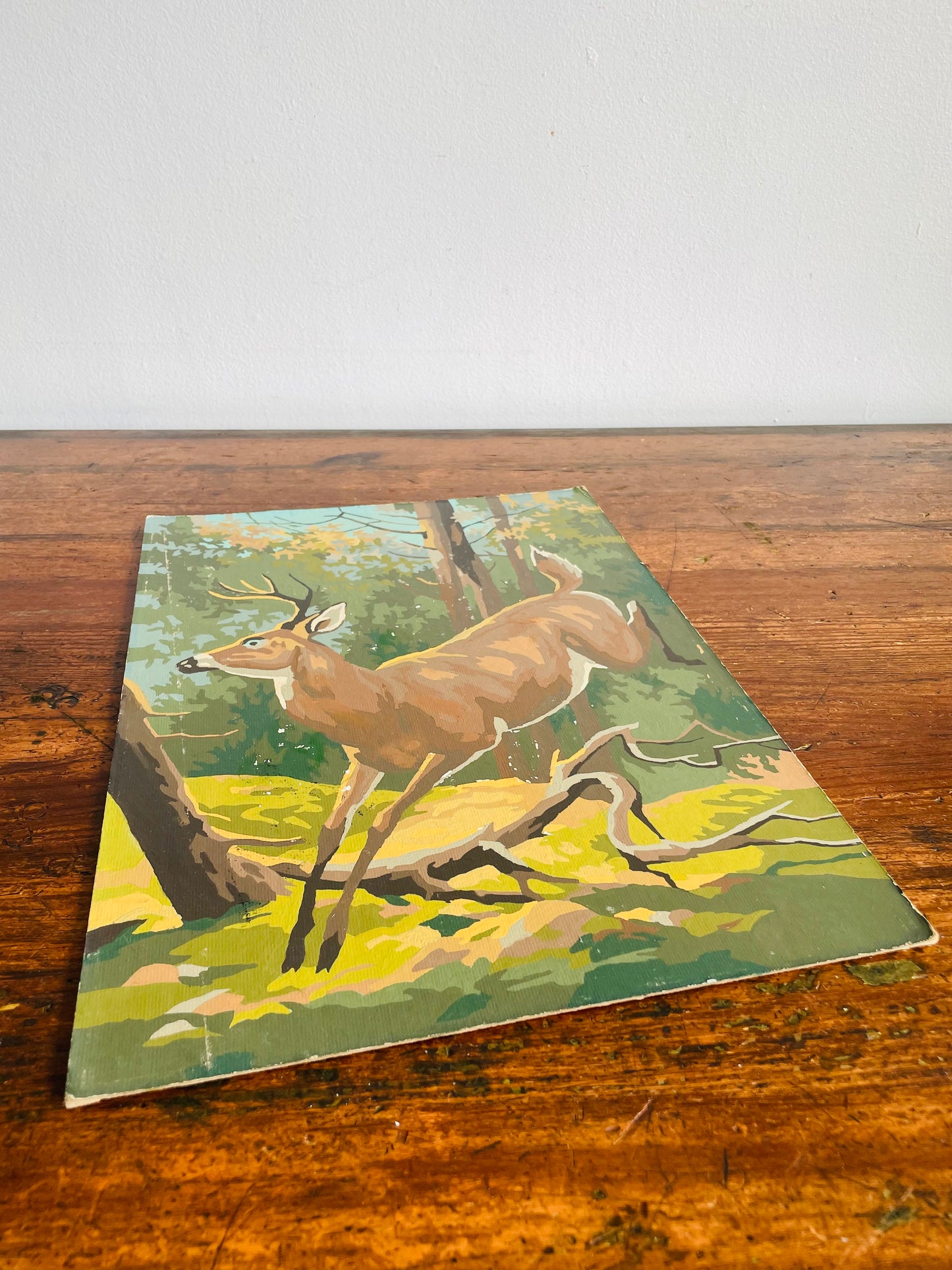 Vintage 1960s Paint by Number (PBN) Picture on Board of Deer Running Through Forest - 10" x 14"