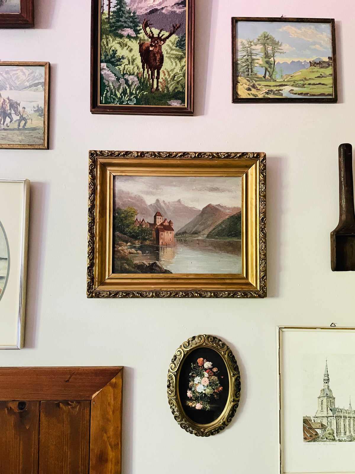 Vintage Original Art Painting Picture in Ornate Gold Frame - Chillon Castle, Switzerland On Lake Geneva with Dents du Midi Alps Mountain Range in Background