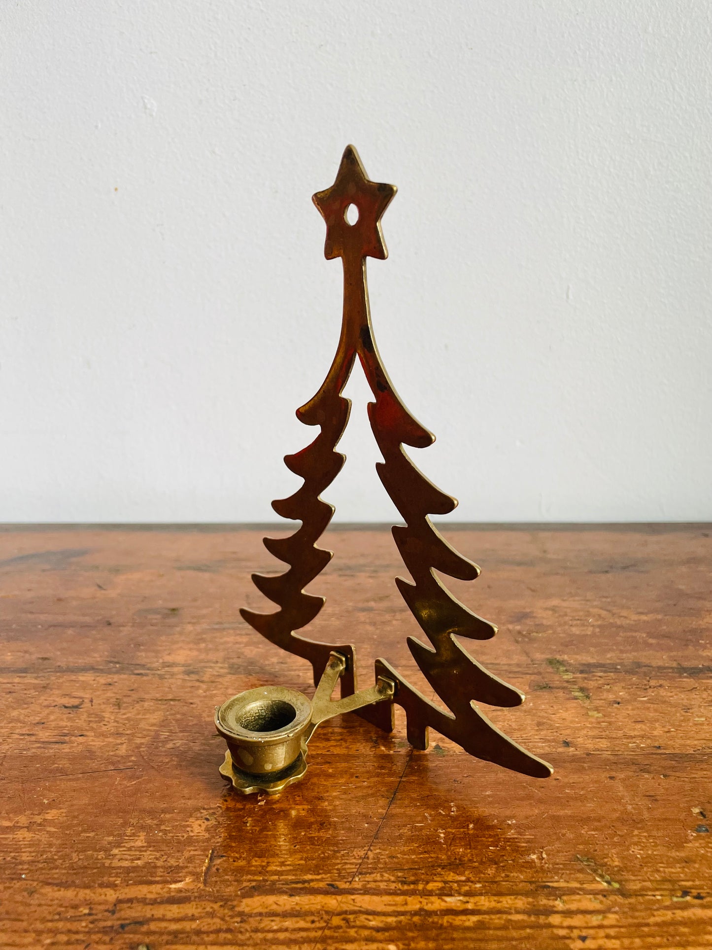 Vintage Solid Brass Christmas Tree with Star Candle Holder