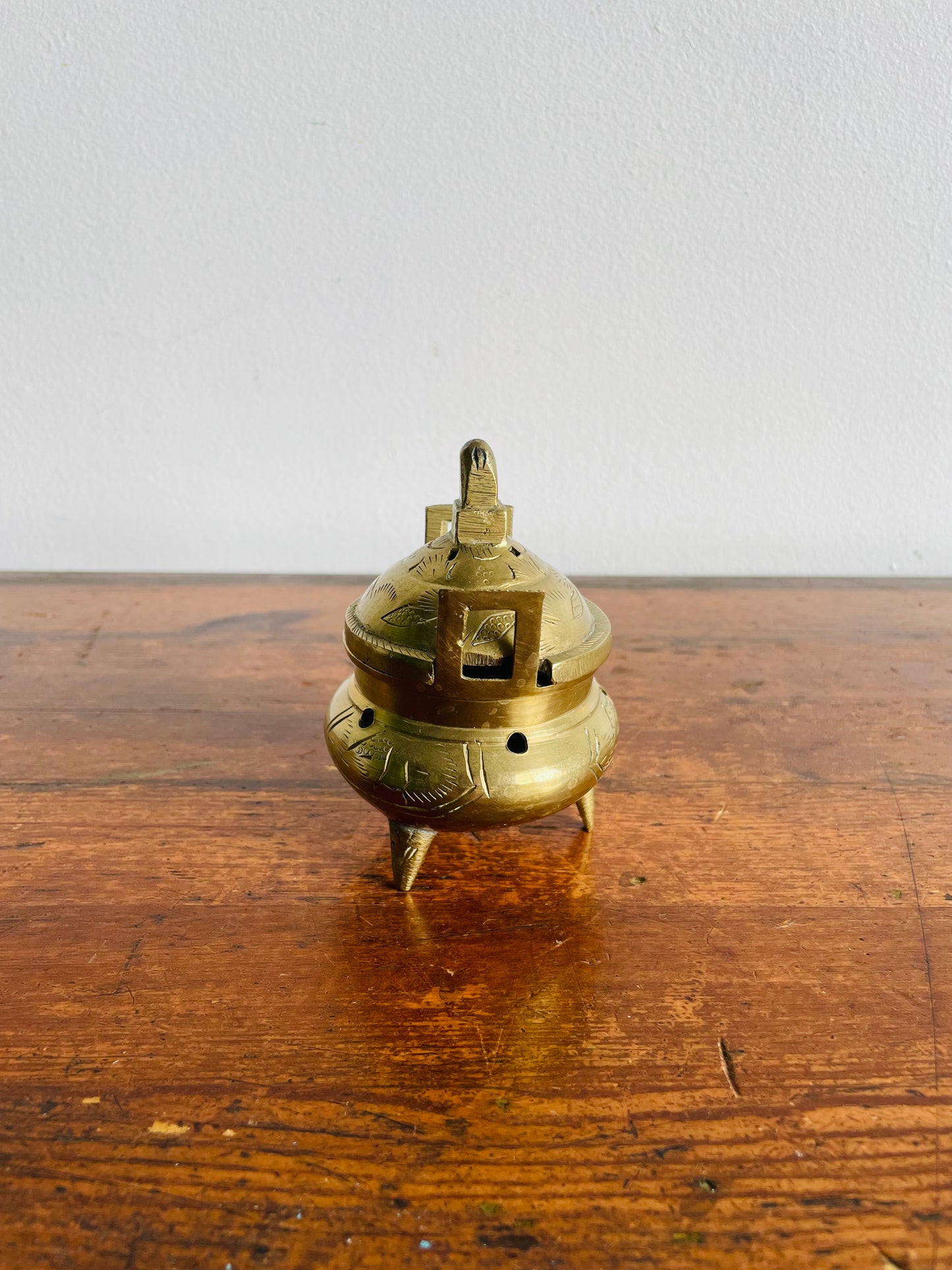 Chinese Etched Brass Footed Incense Burner with Lid & Handles