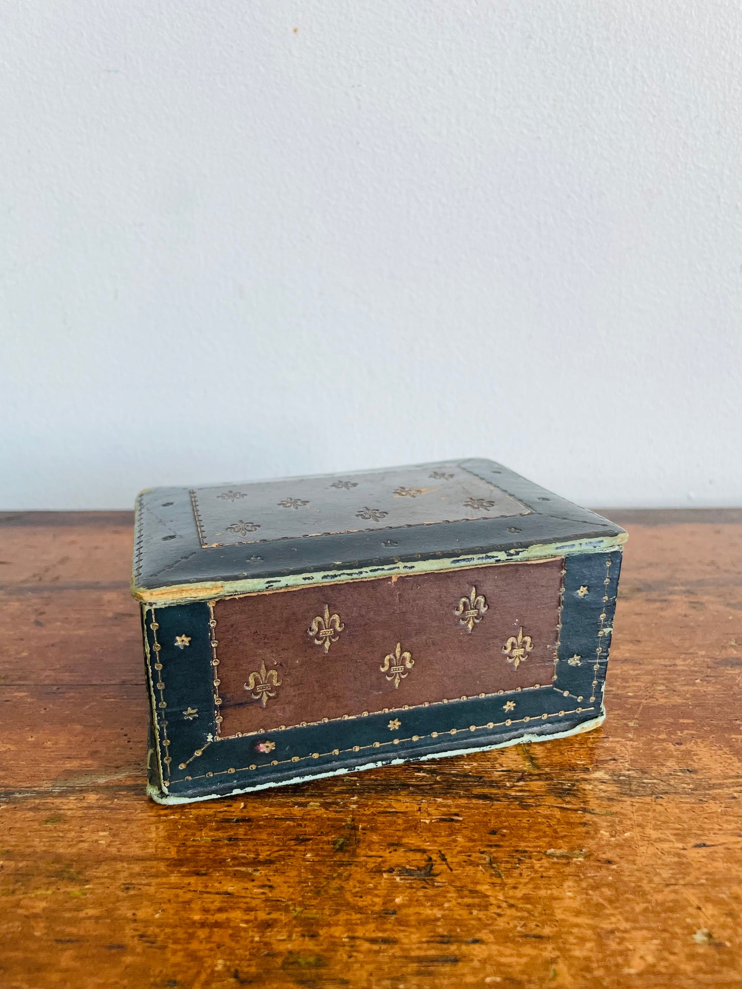Vintage Black & Brown Italian Tooled Leather Box with Sloped Design & Hinged Lid - Wood Interior